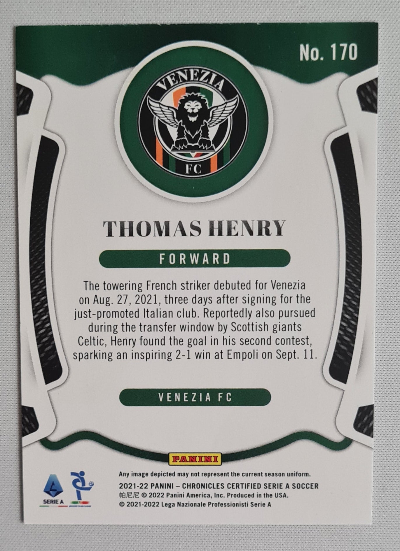 Thomas Henry - 2021/22 Panini Chronicles Certified Serie A Soccer (RC) #170 Refractor