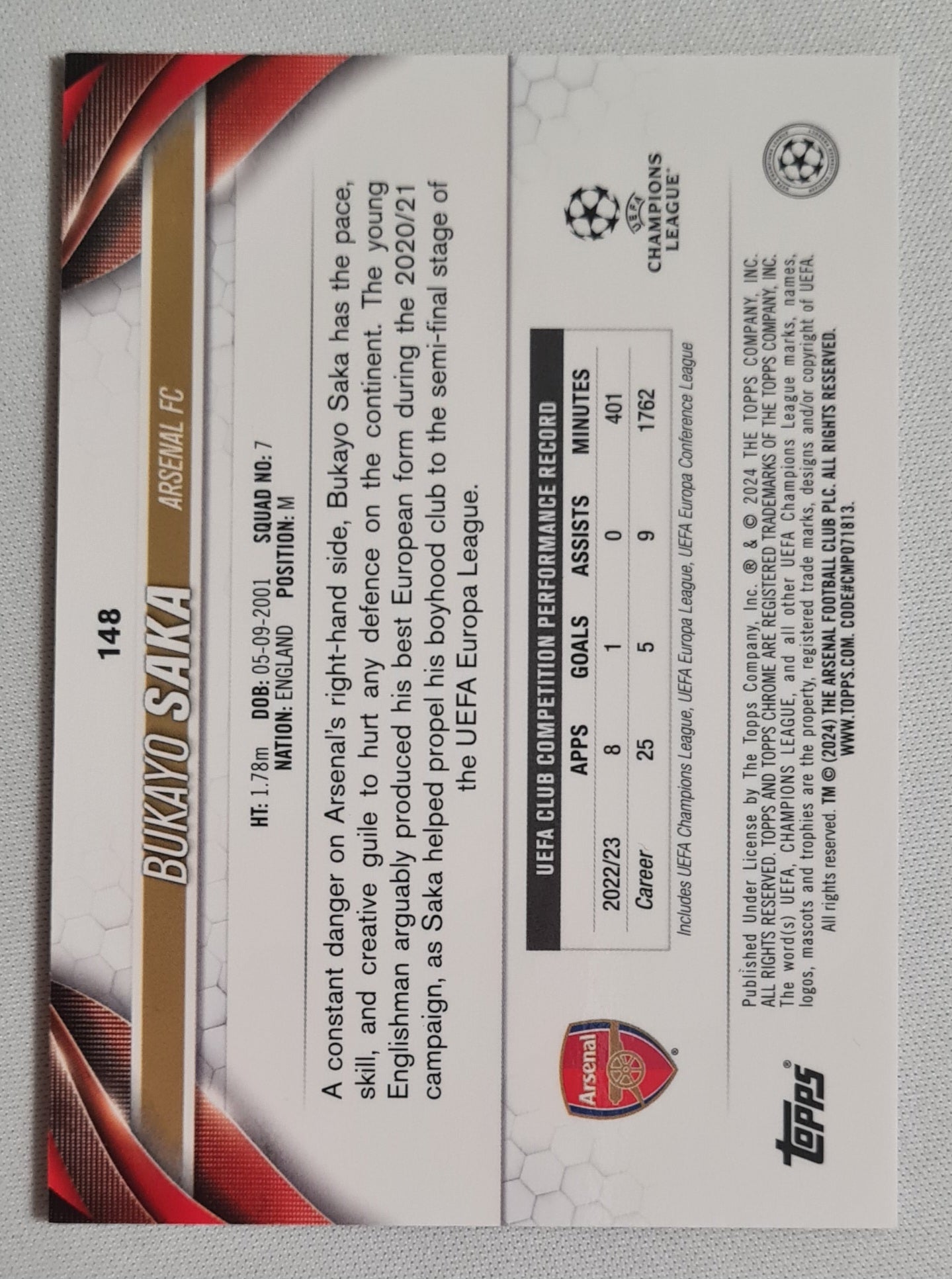 Bukayo Saka - 2024 Topps Chrome UEFA CL FC Arsenal #148 /250 Pink Geomatric