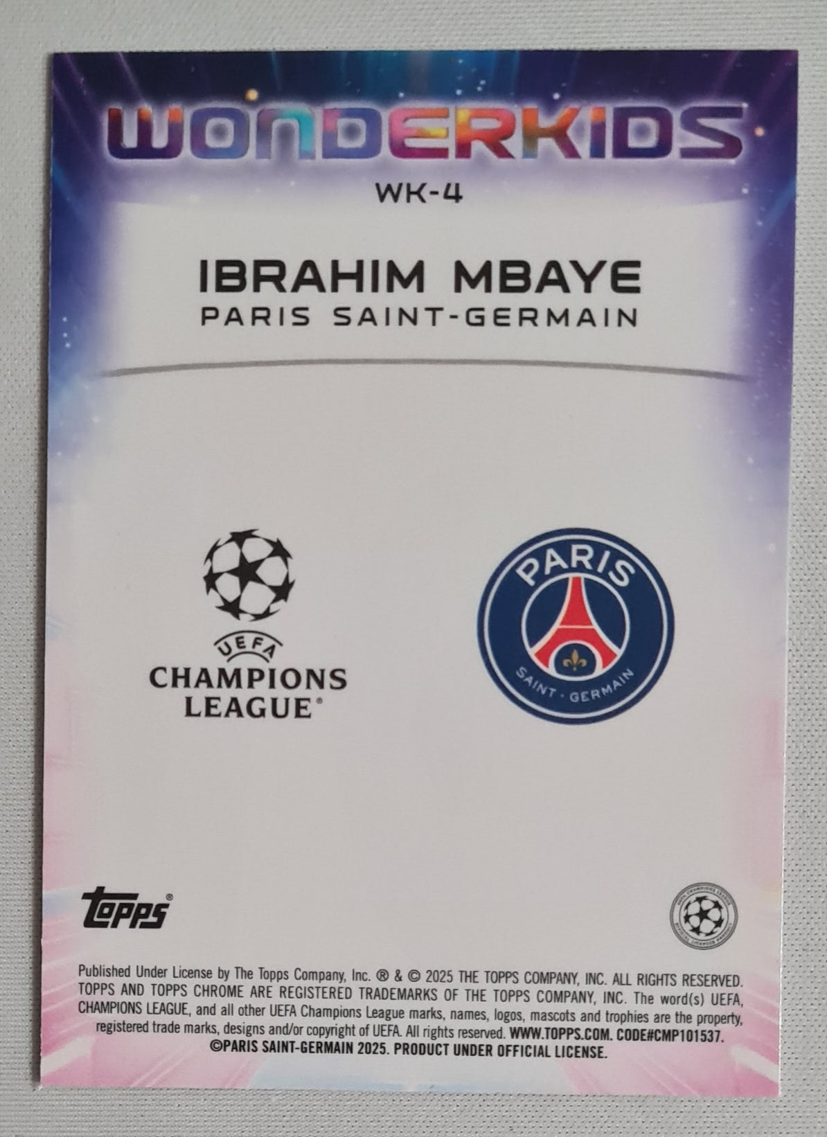 Ibrahim Mbaye - 2025 Topps Chrome PSG (RC) Wonderkids #WK-4