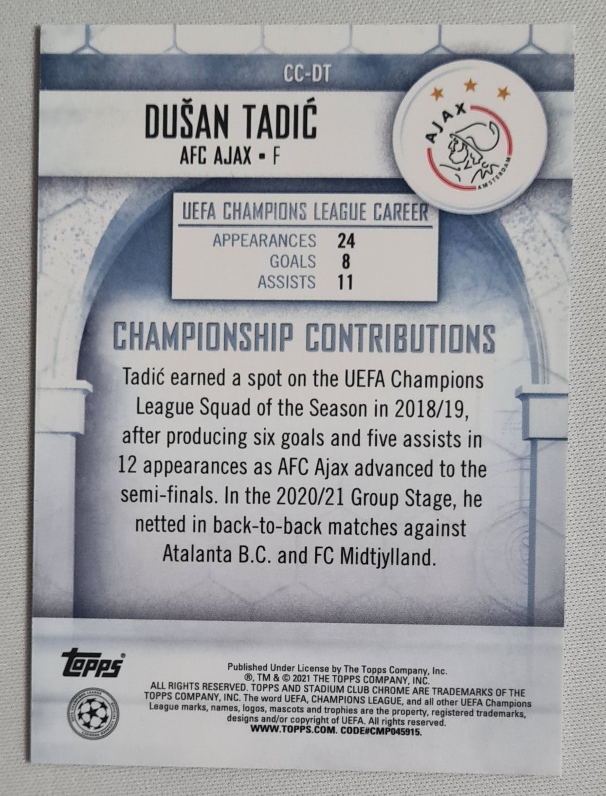 Dusan Tadic - 2021 Topps Chrome AFC Ajax Championship Contributions #CC-DT Refractor