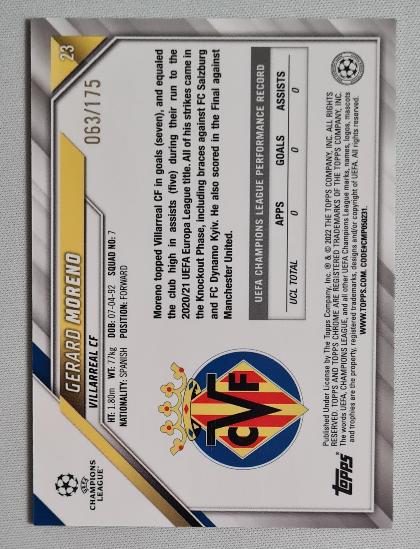 Gerard Moreno - 2022 Topps Chrome Champions League Villarreal CF #23 /175 Pink