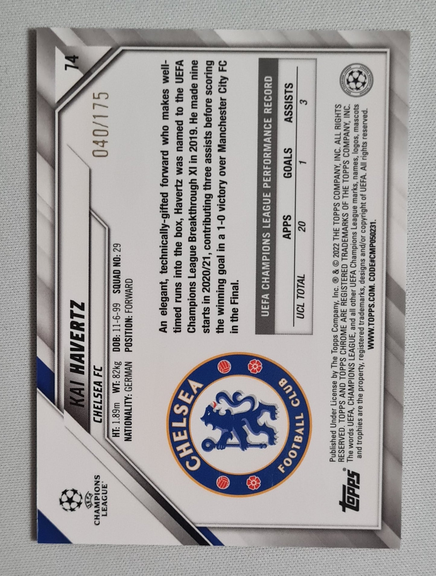 Kai Havertz - 2022 Topps Chrome Champions League Chelsea FC #74 /175 Pink