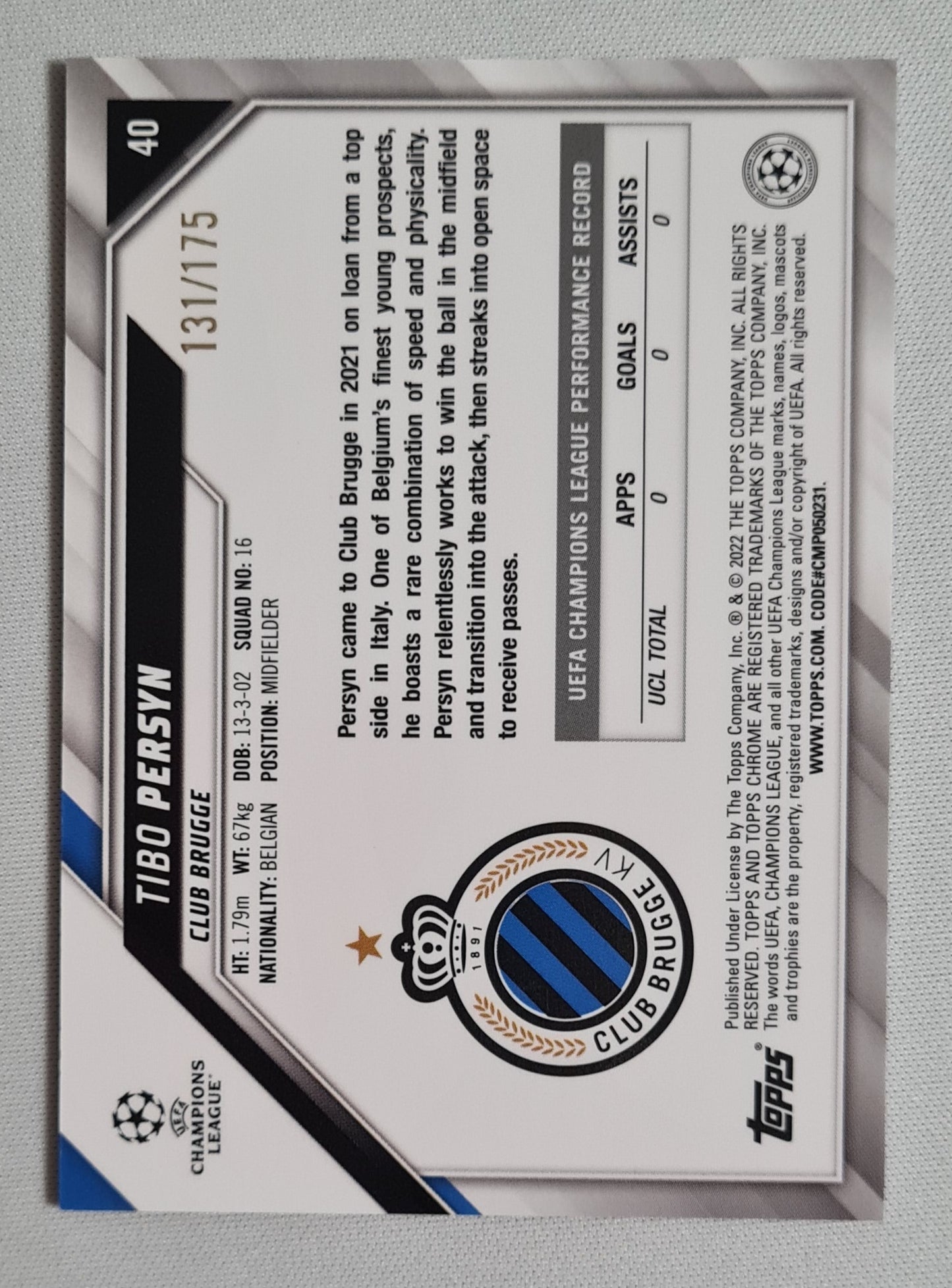 Tibo Persyn - 2022 Topps Chrome Champions League Club Brugge KV #40 /175 Pink