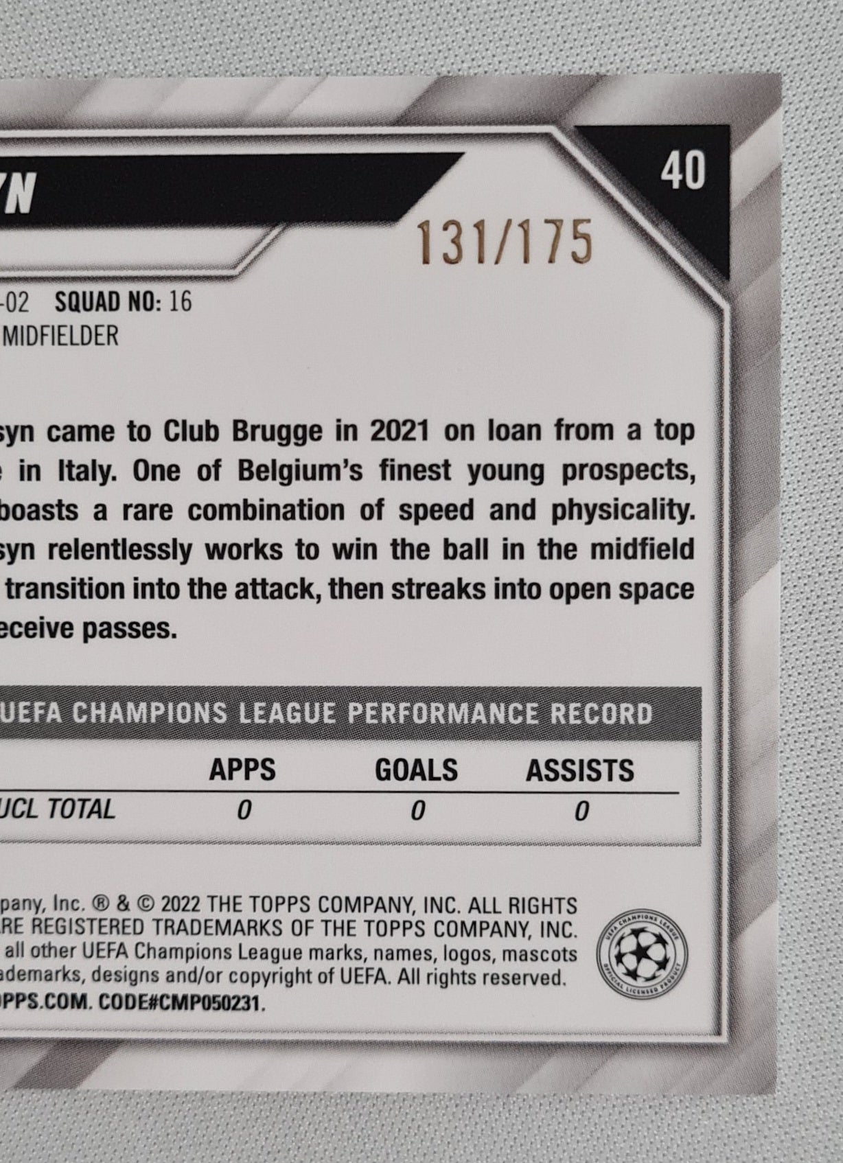 Tibo Persyn - 2022 Topps Chrome Champions League Club Brugge KV #40 /175 Pink