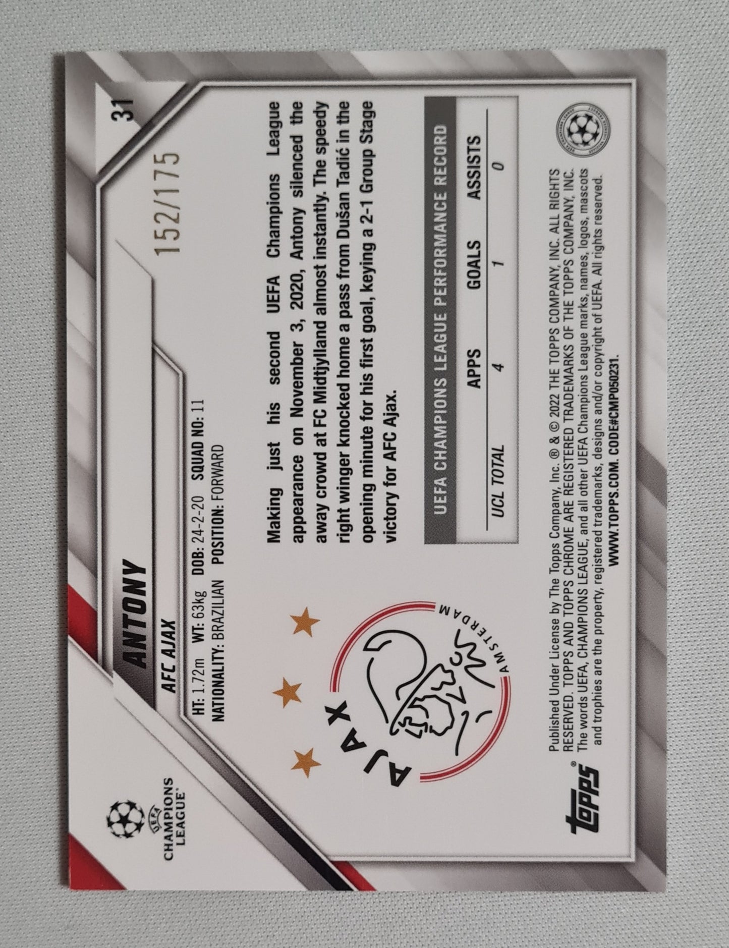 Antony - 2022 Topps Chrome Champions League AFC Ajax #31 /175 Pink