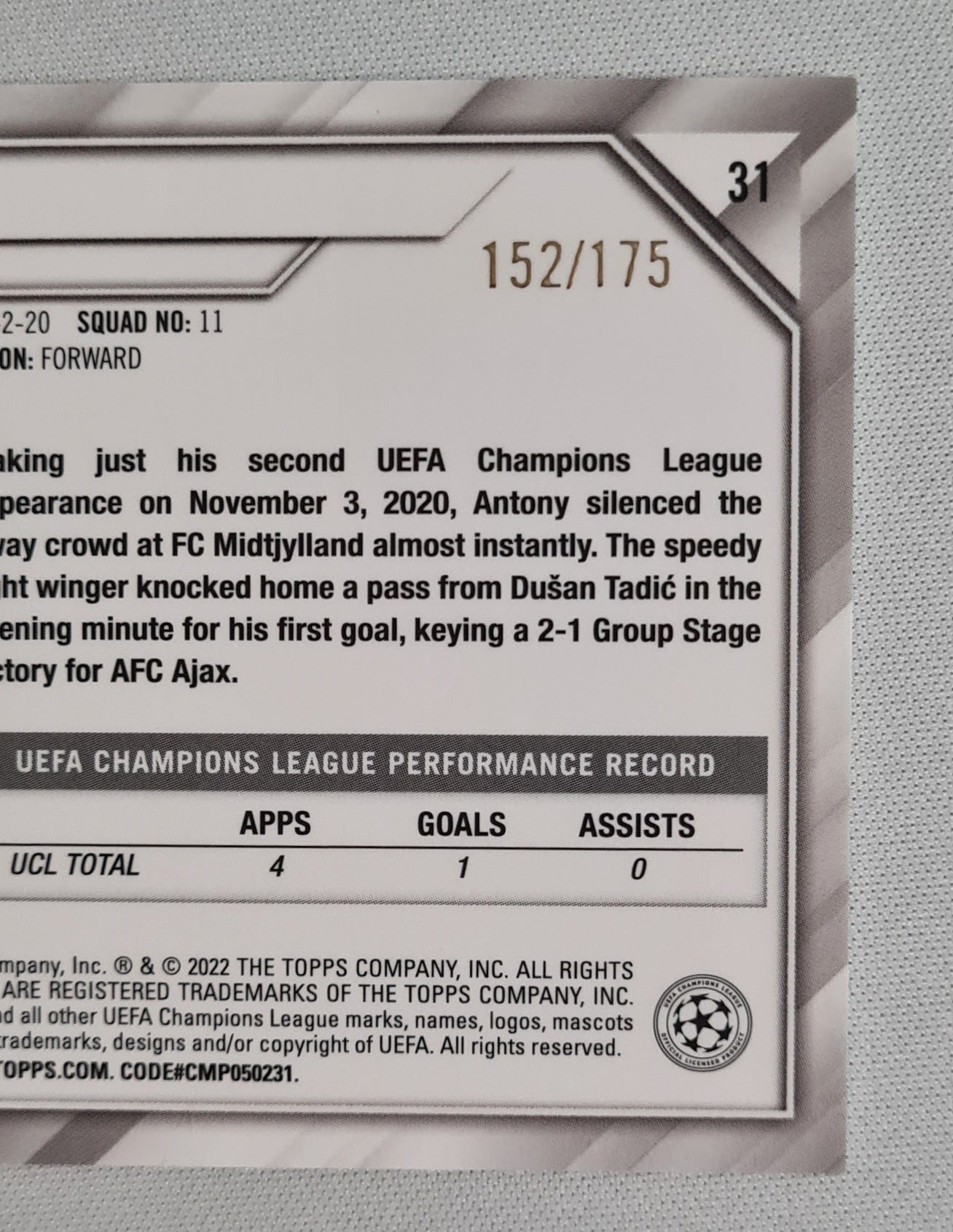 Antony - 2022 Topps Chrome Champions League AFC Ajax #31 /175 Pink