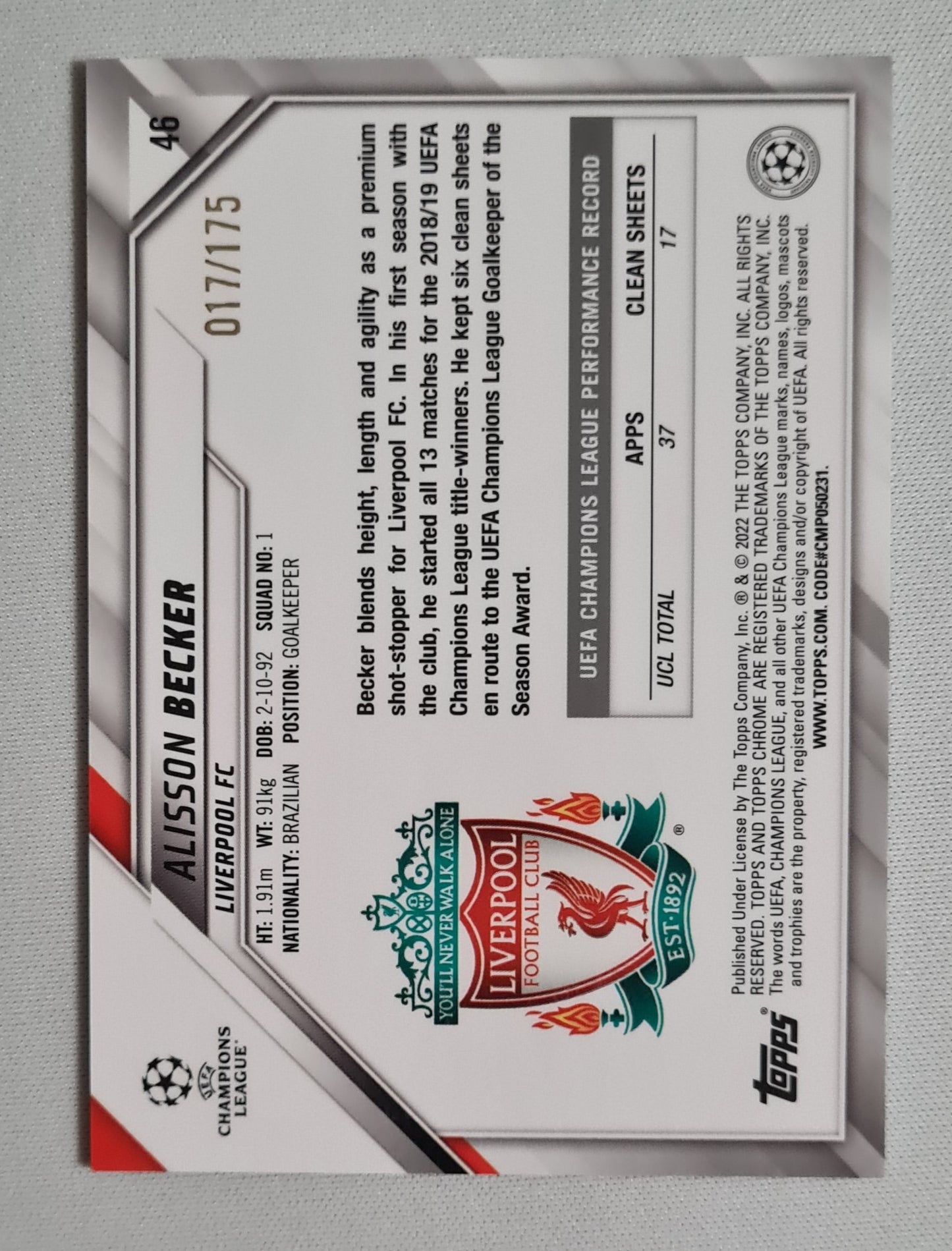 Alisson Becker - 2022 Topps Chrome Champions League Liverpool FC #48 /175 Pink