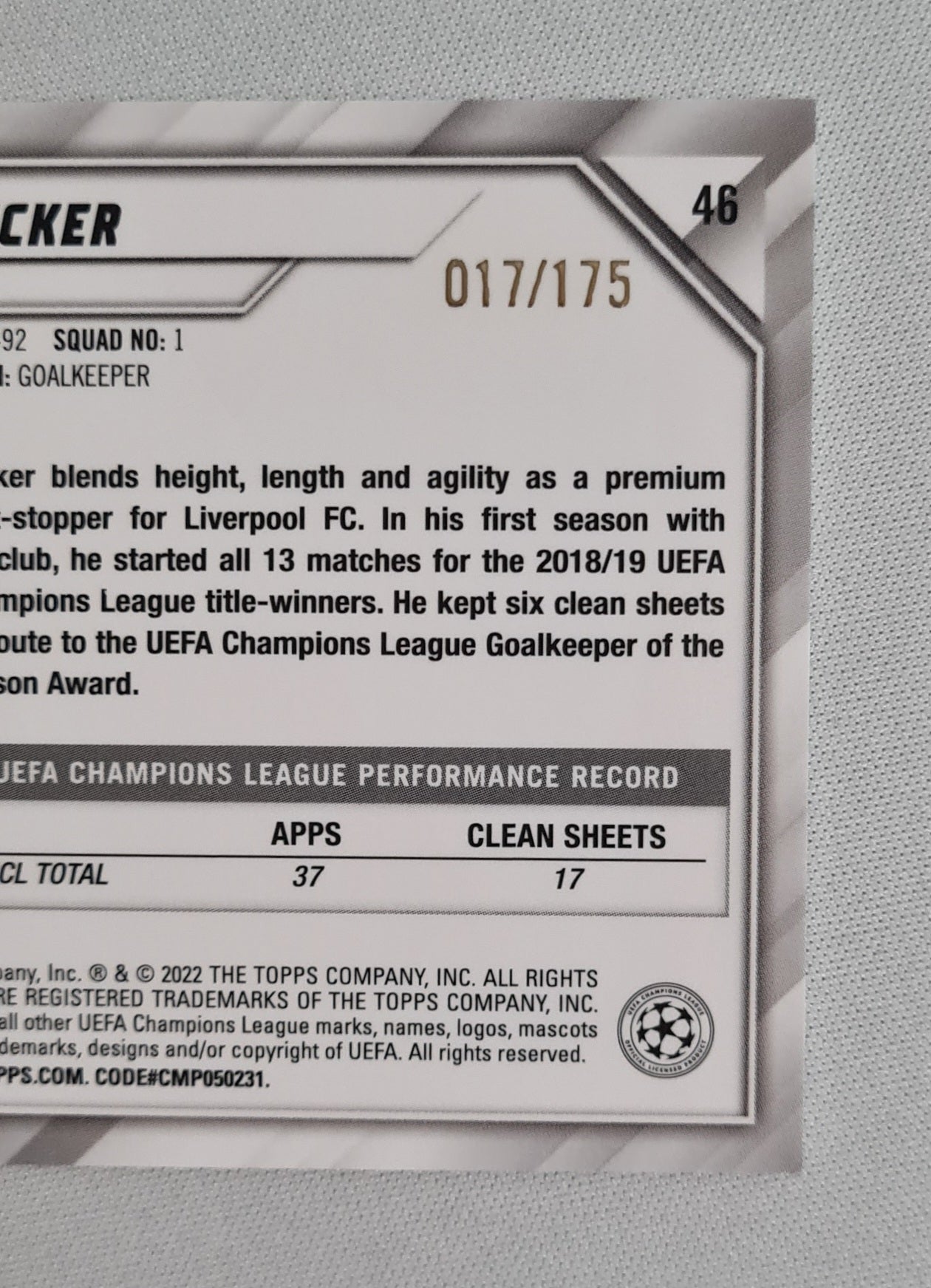 Alisson Becker - 2022 Topps Chrome Champions League Liverpool FC #48 /175 Pink