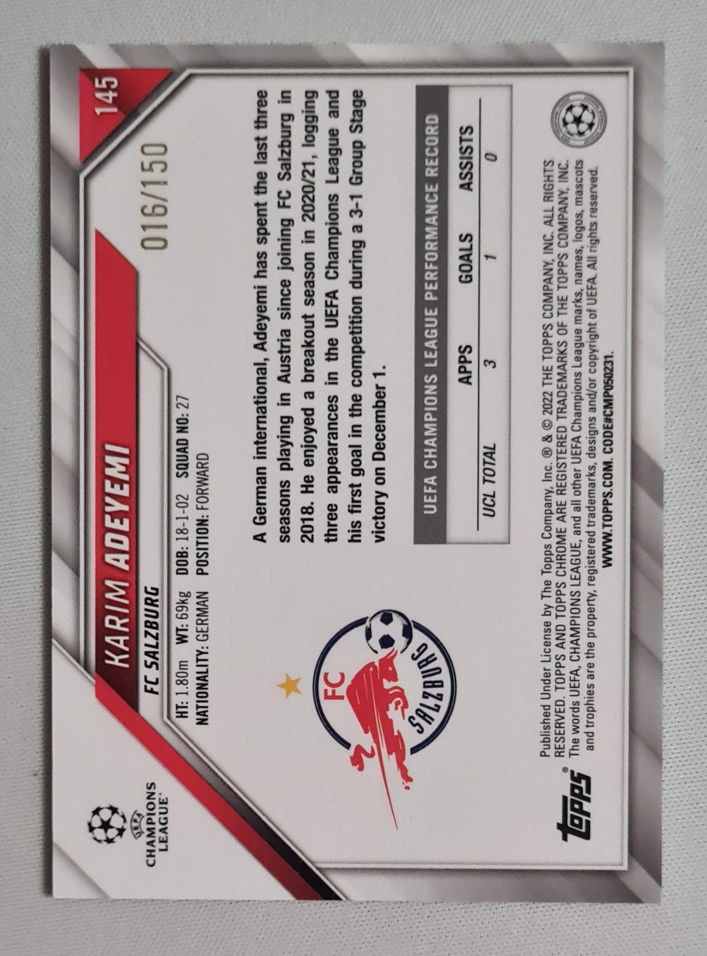 Karim Adeyemi - 2022 Topps Chrome Champions League FC Salzburg #145 /150 Blue
