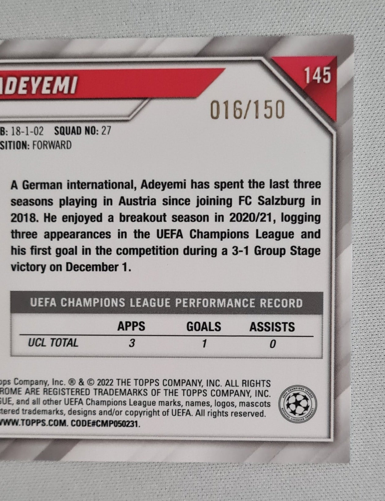 Karim Adeyemi - 2022 Topps Chrome Champions League FC Salzburg #145 /150 Blue