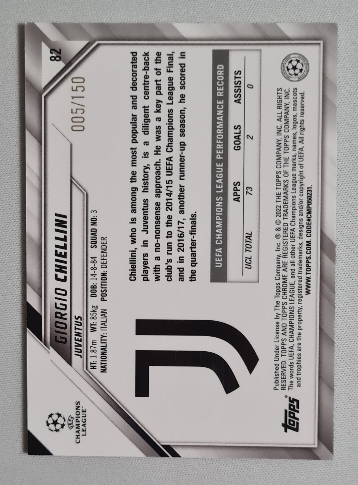 Giorgio Chiellini - 2022 Topps Chrome Champions League Juventus #82 /150 Blue