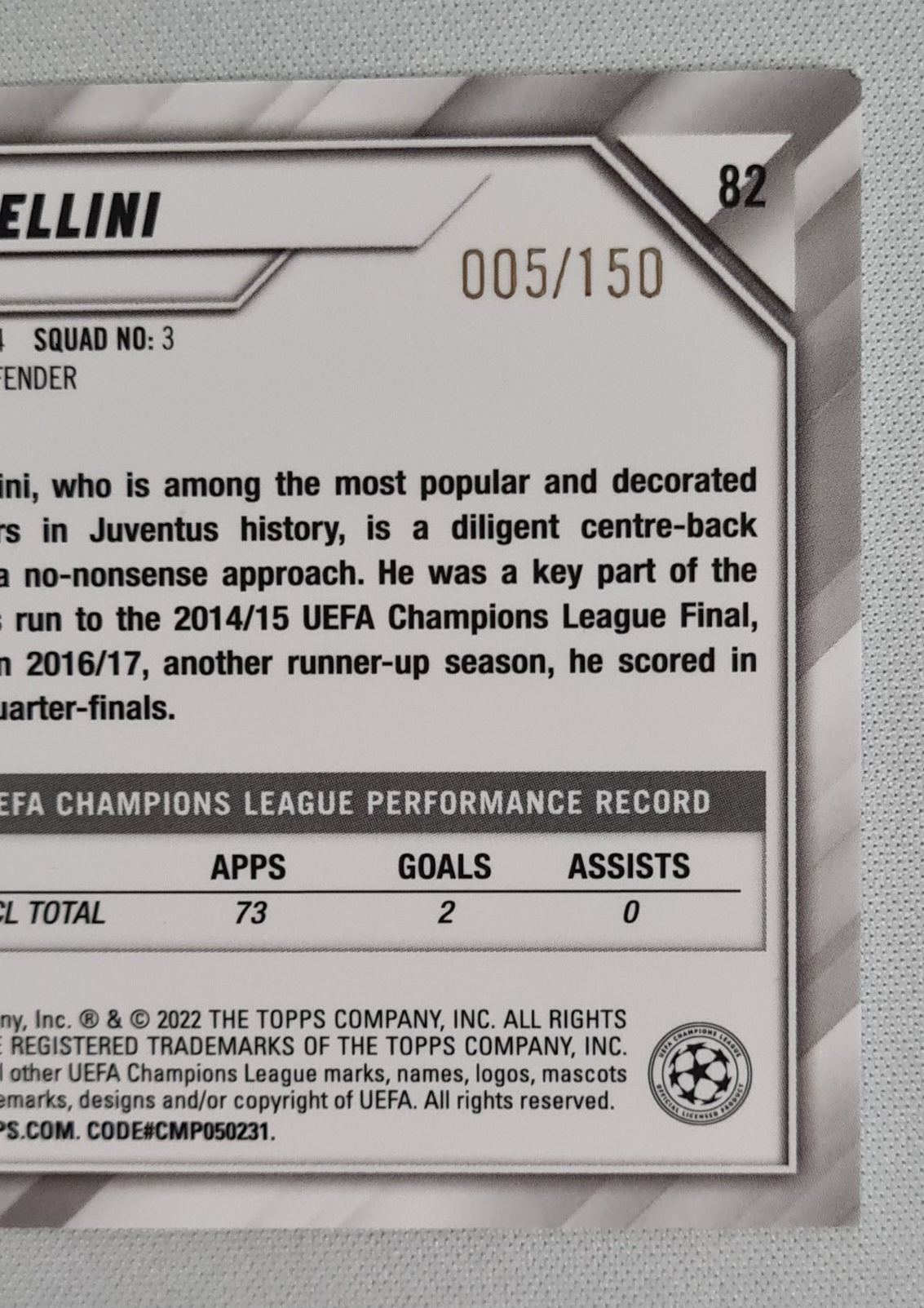 Giorgio Chiellini - 2022 Topps Chrome Champions League Juventus #82 /150 Blue