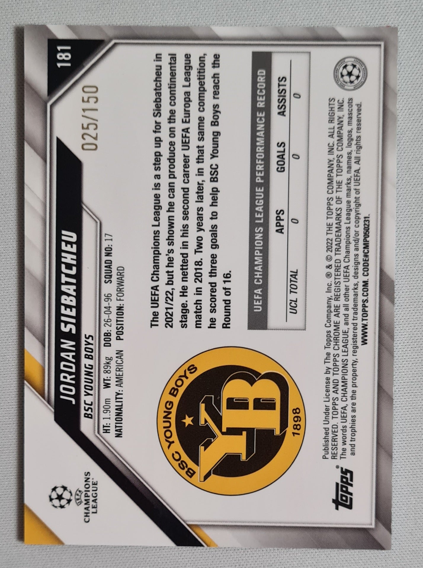 Jordan Siebatcheu - 2022 Topps Chrome Champions League (RC) BSC Young Boys #181 /150 Blue