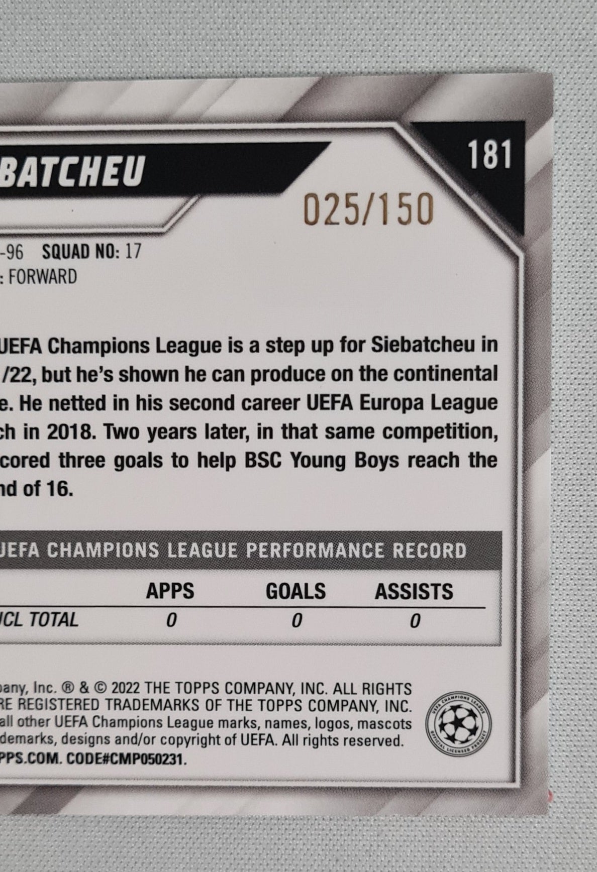 Jordan Siebatcheu - 2022 Topps Chrome Champions League (RC) BSC Young Boys #181 /150 Blue