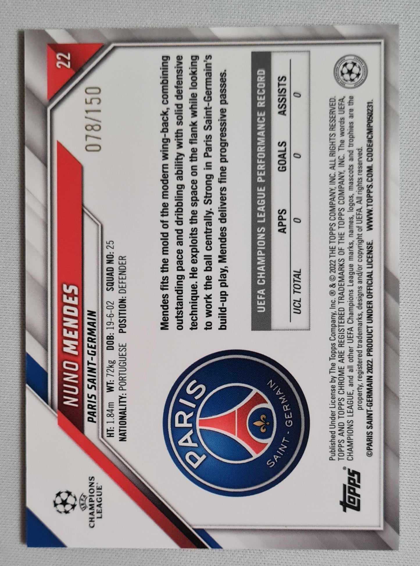Nuno Mendes - 2022 Topps Chrome Champions League (RC) Paris Saint-German #22 /150 Blue