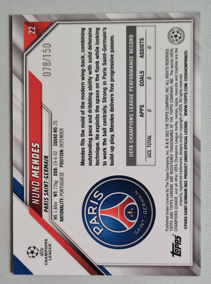 Nuno Mendes - 2022 Topps Chrome Champions League (RC) Paris Saint-German #22 /150 Blue