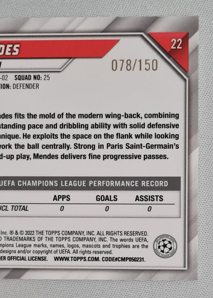 Nuno Mendes - 2022 Topps Chrome Champions League (RC) Paris Saint-German #22 /150 Blue