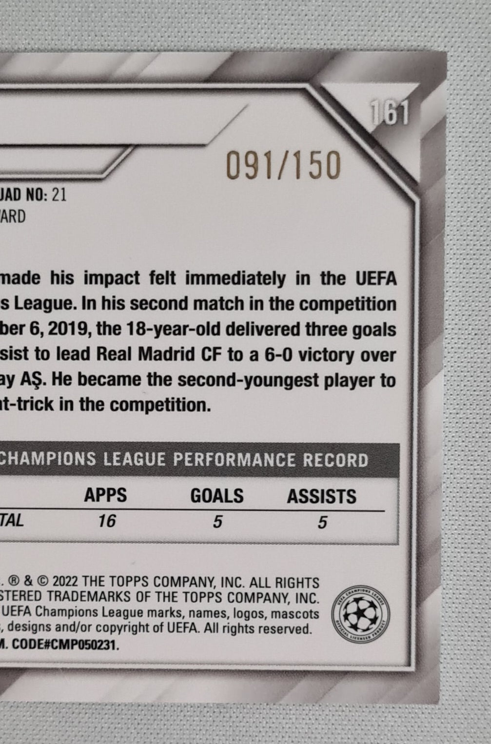 Rodrygo - 2022 Topps Chrome Champions League Real Madrid #161 /150 Blue