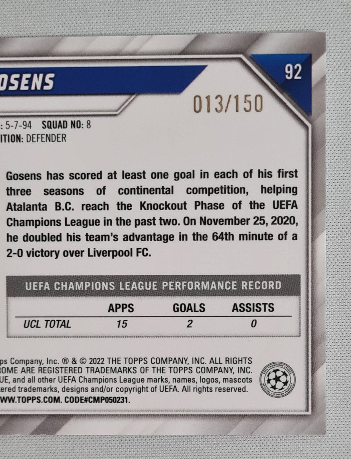 Robin Gosens - 2022 Topps Chrome Champions League Atalanta #92 /150 Blue