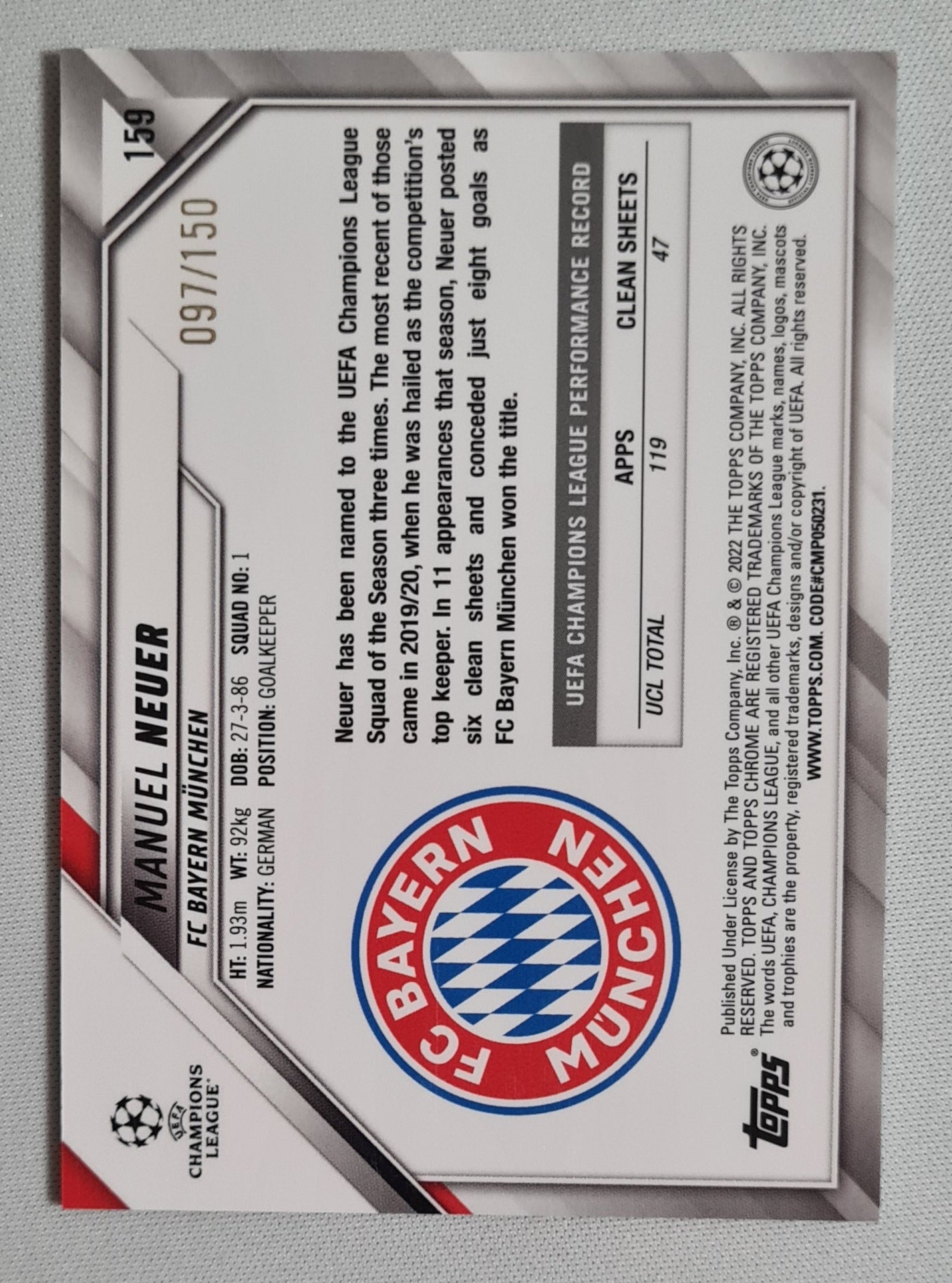 Manuel Neuer - 2022 Topps Chrome Champions League FC Bayern Munchen #159 /150 Blue