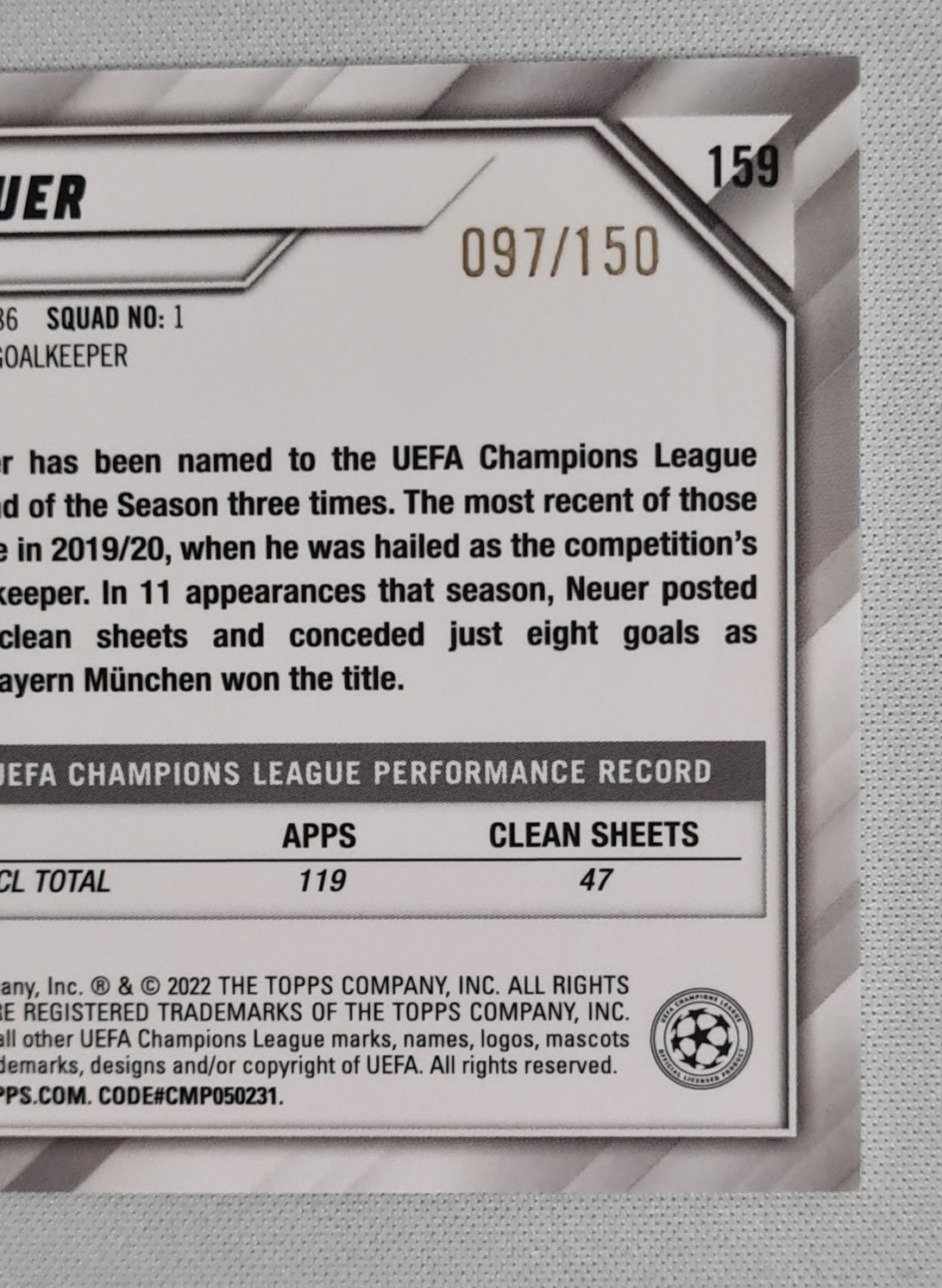 Manuel Neuer - 2022 Topps Chrome Champions League FC Bayern Munchen #159 /150 Blue