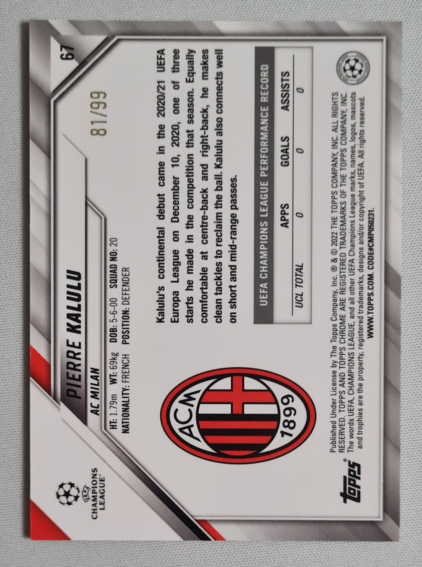 Pierre Kalulu - 2022 Topps Chrome Champions League AC Milan #67 /99 Green