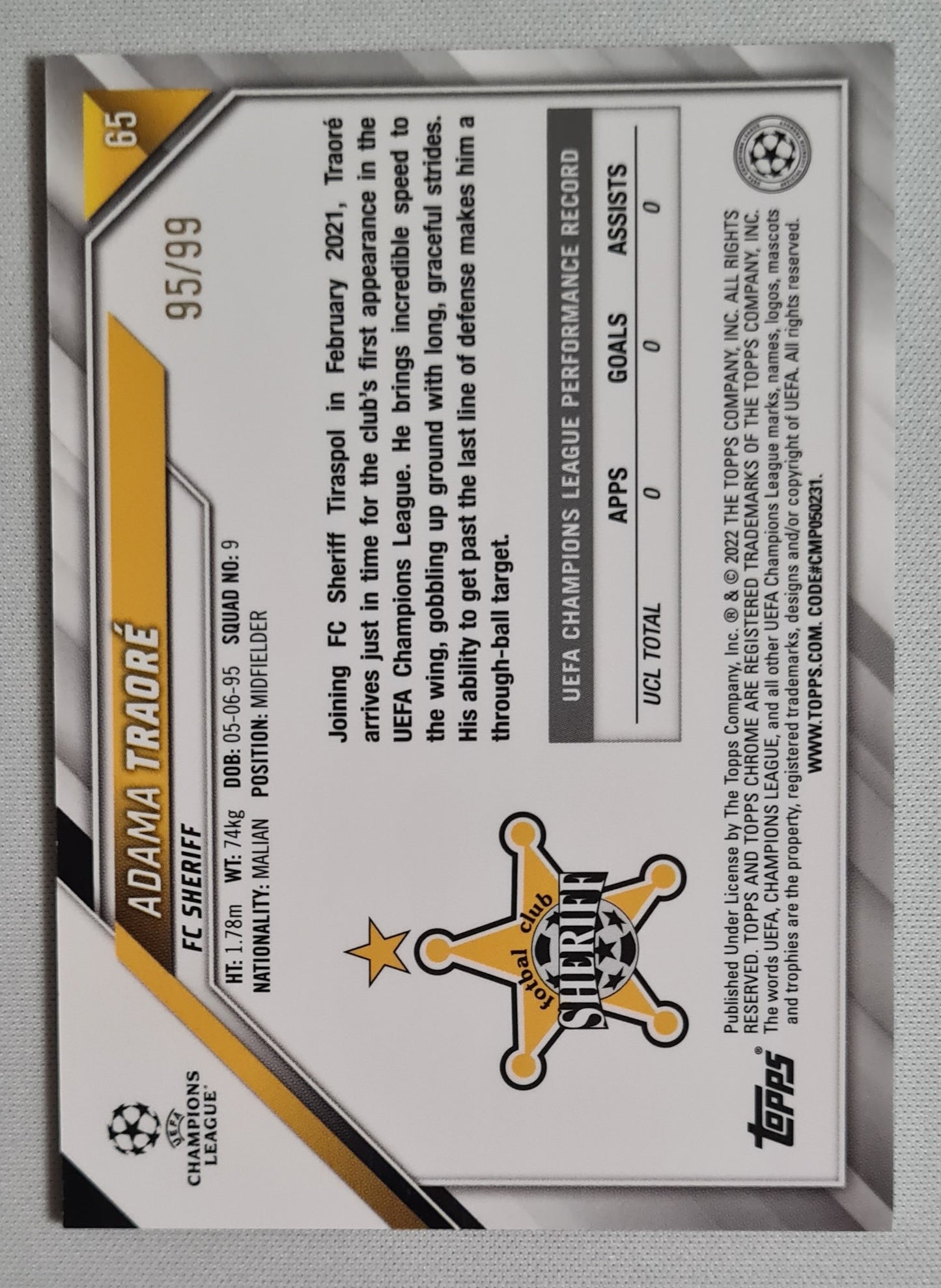 Adama Traore - 2022 Topps Chrome Champions League (RC) FC Sheriff #65 /99 Green