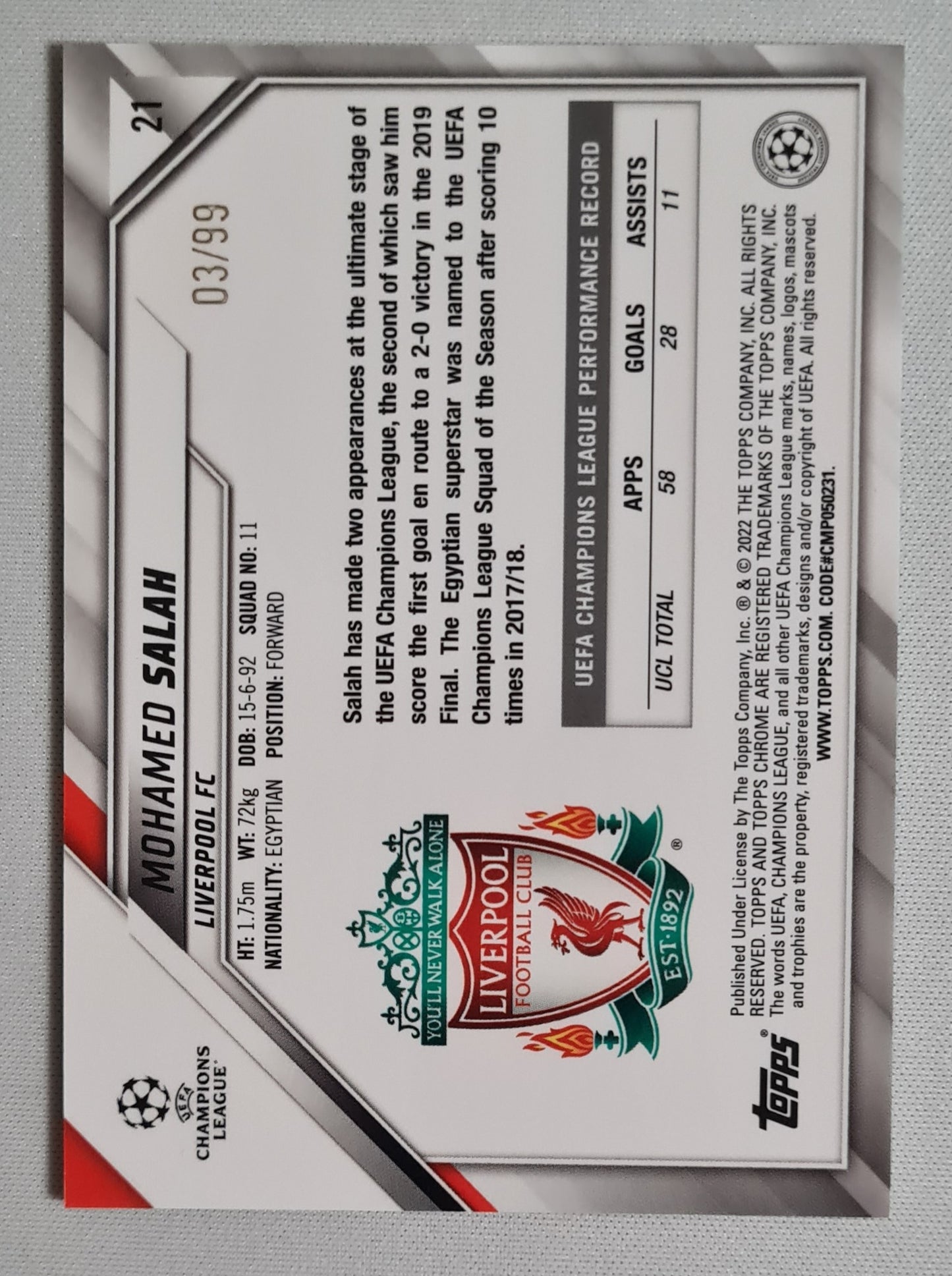 Mohamed Salah - 2022 Topps Chrome Champions League Liverpool FC #21 /99 Green