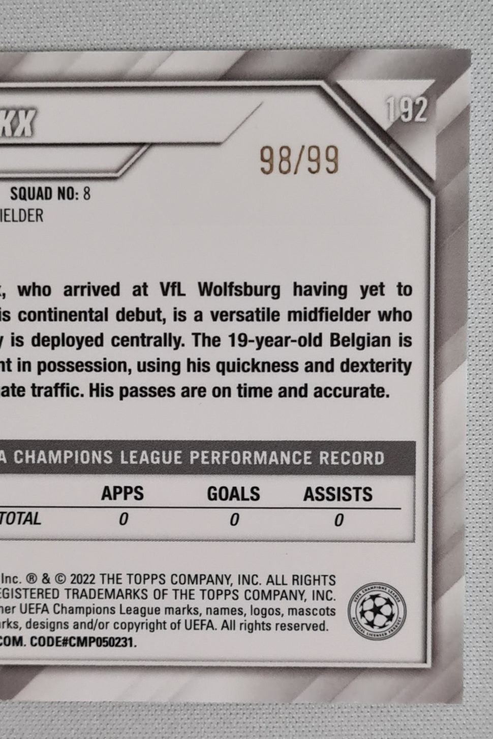 Aster Vranckx - 2022 Topps Chrome Champions League (RC) VFL Wolfsburg #192 /99 Green