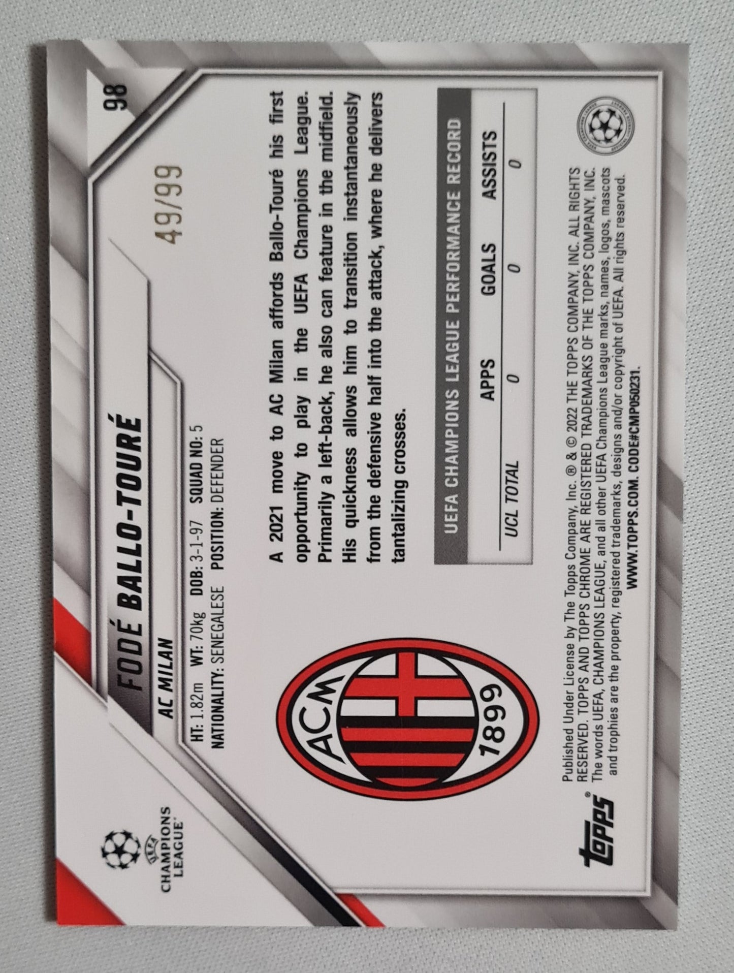 Fode Ballo-Toure - 2022 Topps Chrome Champions League (RC) AC Milan #98 /99 Green