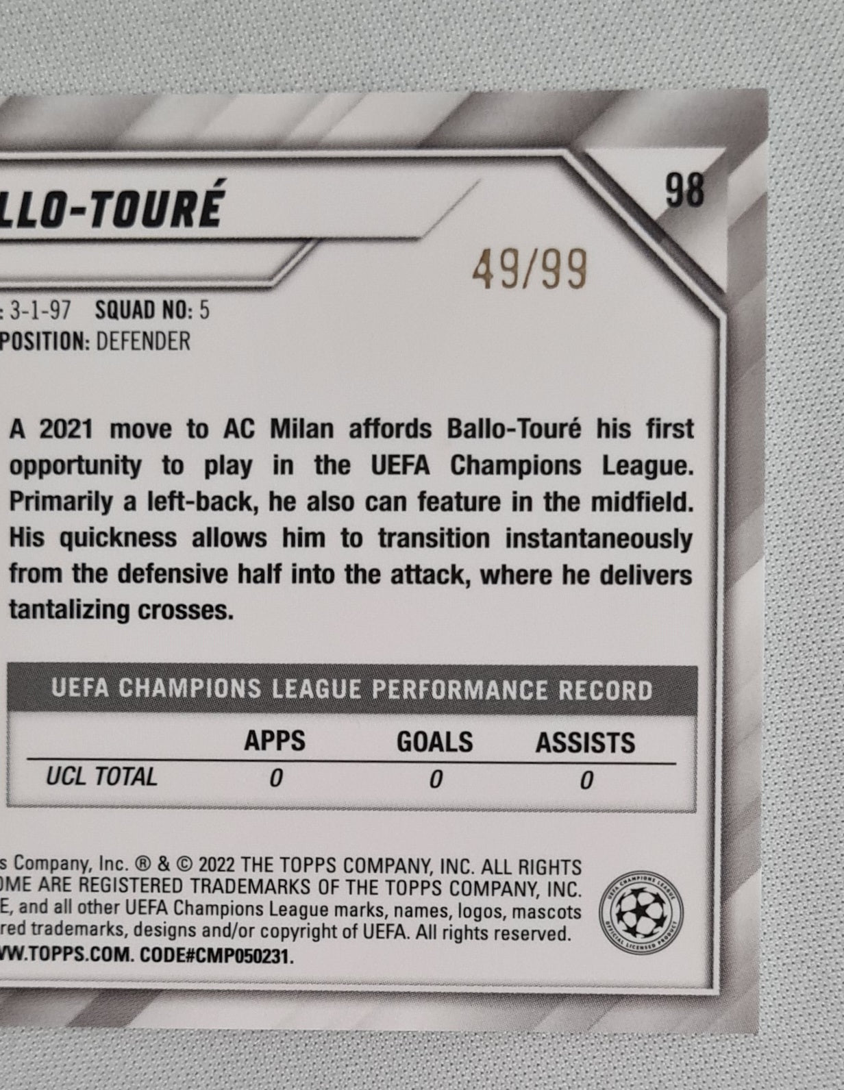 Fode Ballo-Toure - 2022 Topps Chrome Champions League (RC) AC Milan #98 /99 Green