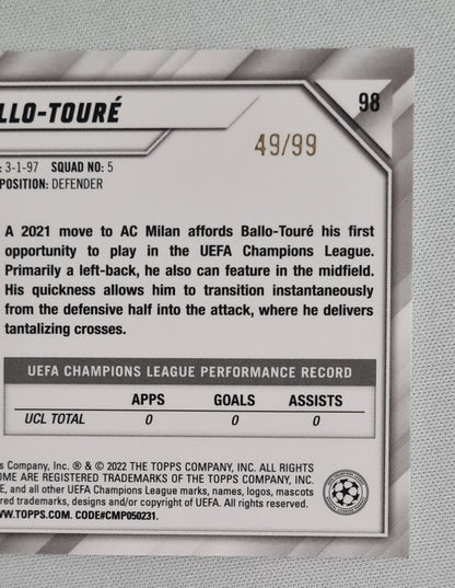 Fode Ballo-Toure - 2022 Topps Chrome Champions League (RC) AC Milan #98 /99 Green