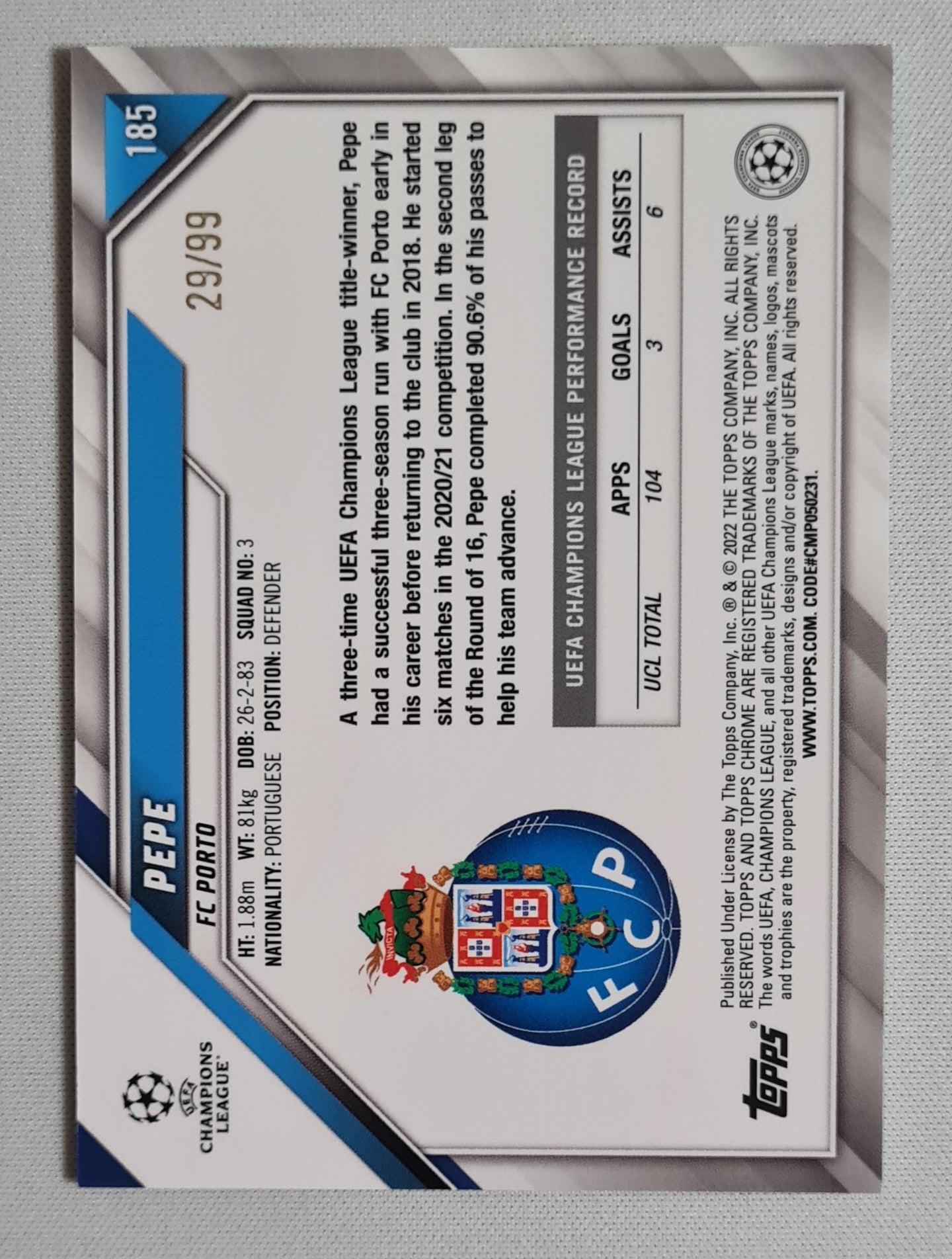 Pepe - 2022 Topps Chrome Champions League FC Porto #185 /99 Green