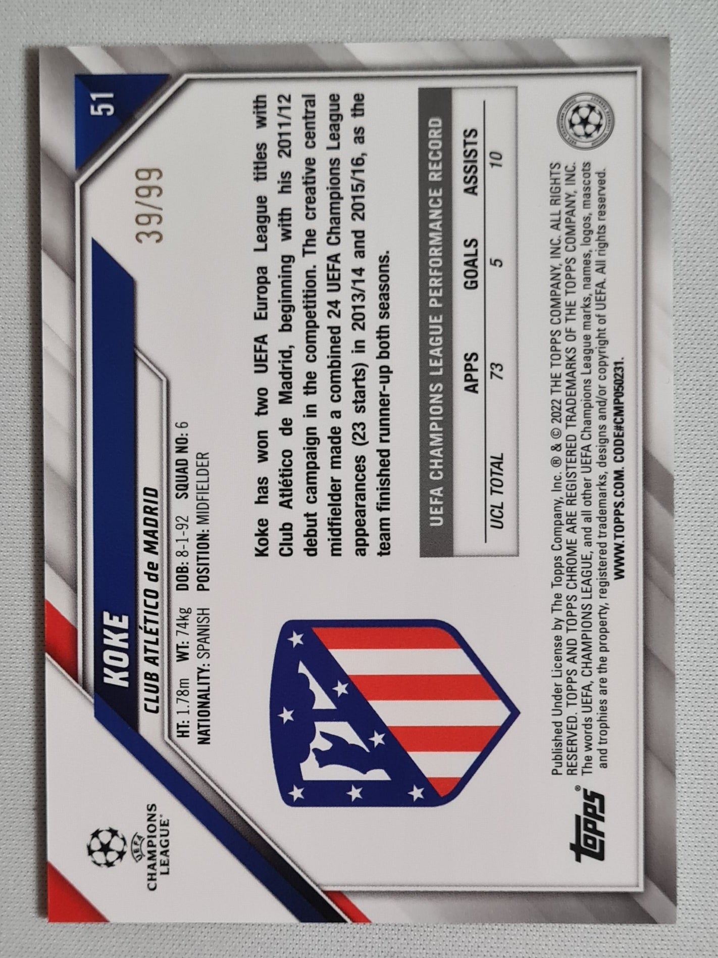 Koke - 2022 Topps Chrome Champions League Club Atletico de Madrid #51 /99 Green
