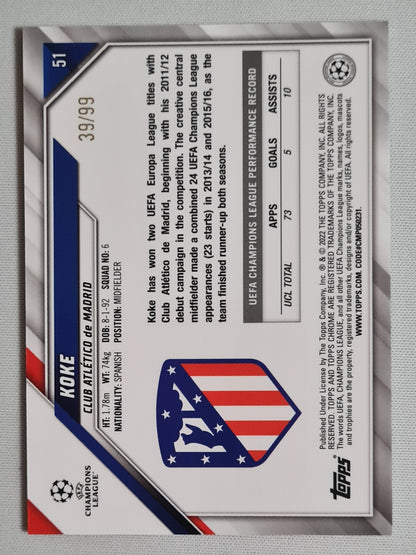 Koke - 2022 Topps Chrome Champions League Club Atletico de Madrid #51 /99 Green
