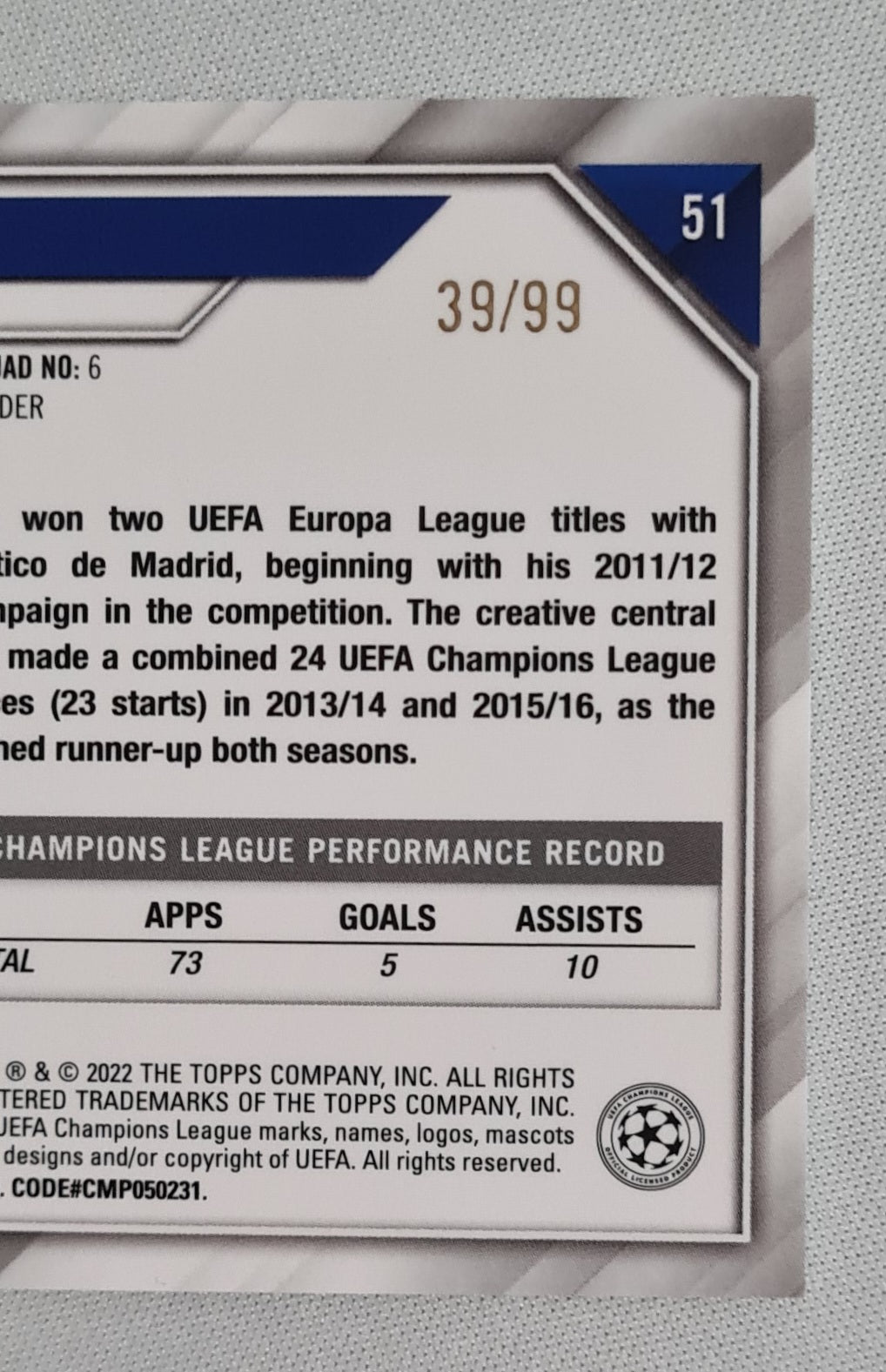 Koke - 2022 Topps Chrome Champions League Club Atletico de Madrid #51 /99 Green