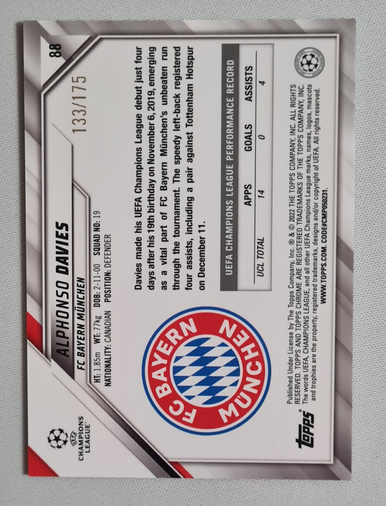 Alphonso Davies - 2022 Topps Chrome Champions League FC Bayern Munchen #88 /175 Pink