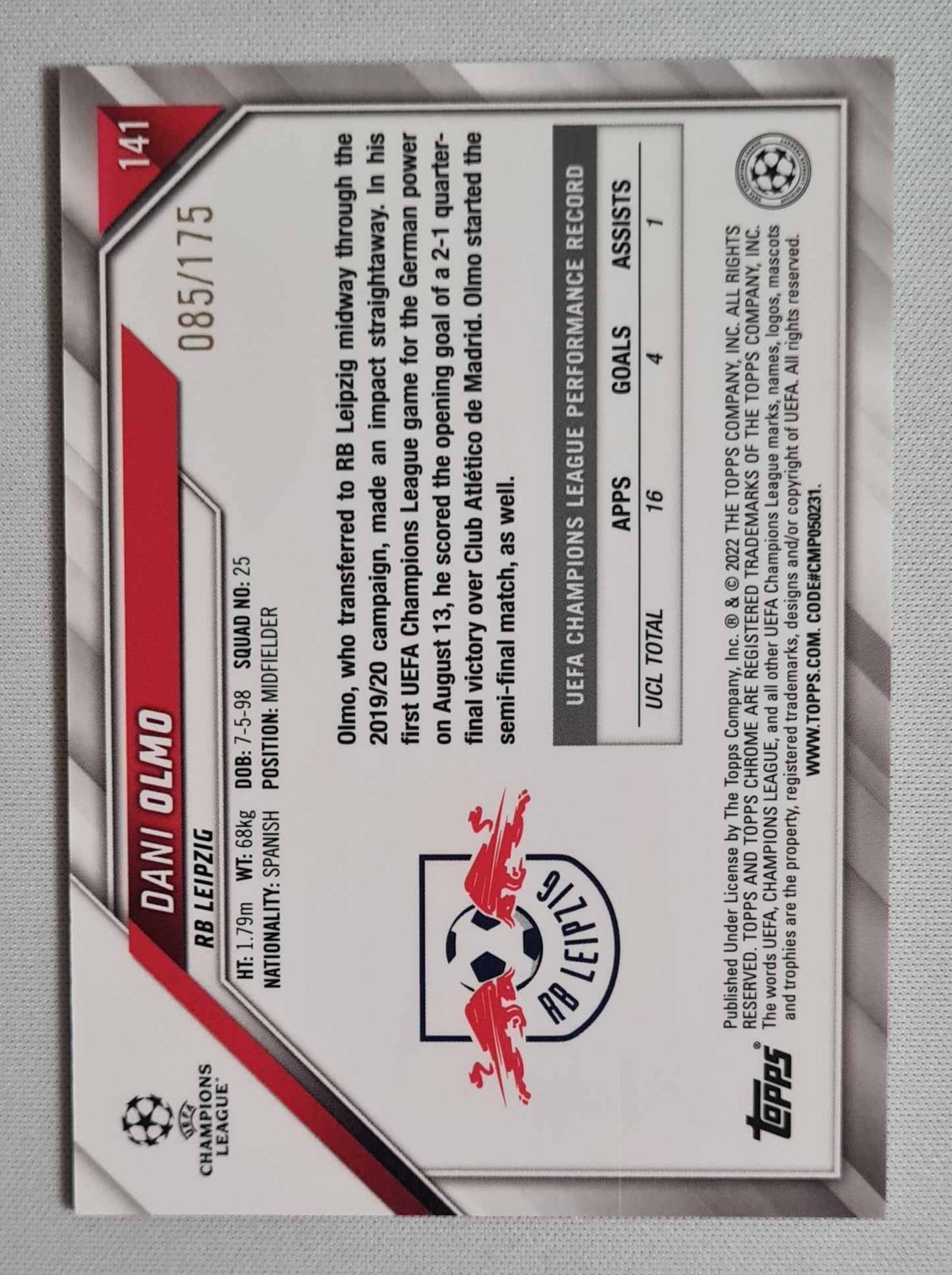Dani Olmo - 2022 Topps Chrome Champions League RB Leizig #141 /175 Pink