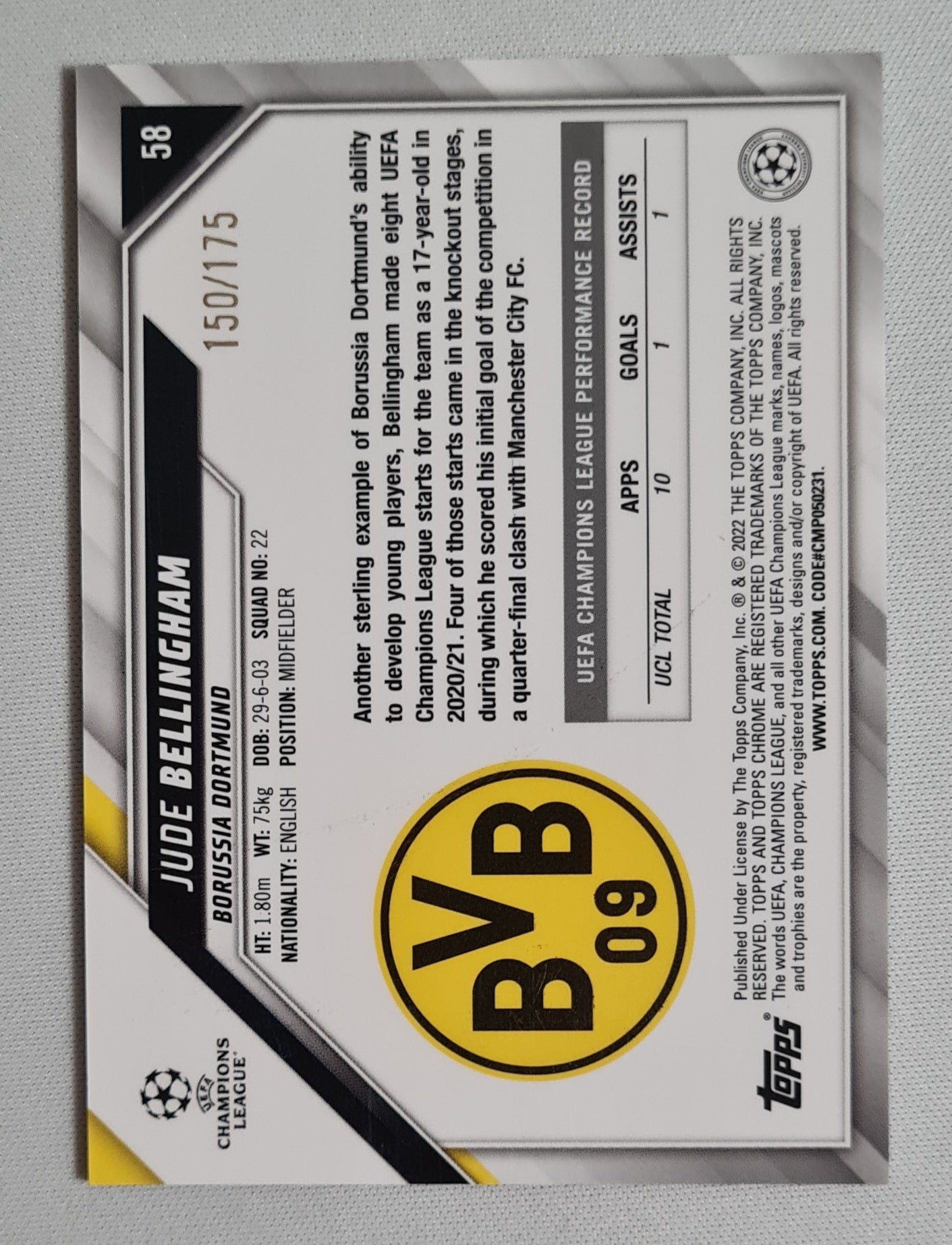 Jude Bellingham - 2022 Topps Chrome Champions League Borussia Dortmund #58 /175 Pink
