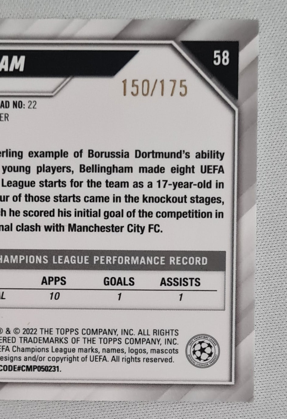 Jude Bellingham - 2022 Topps Chrome Champions League Borussia Dortmund #58 /175 Pink