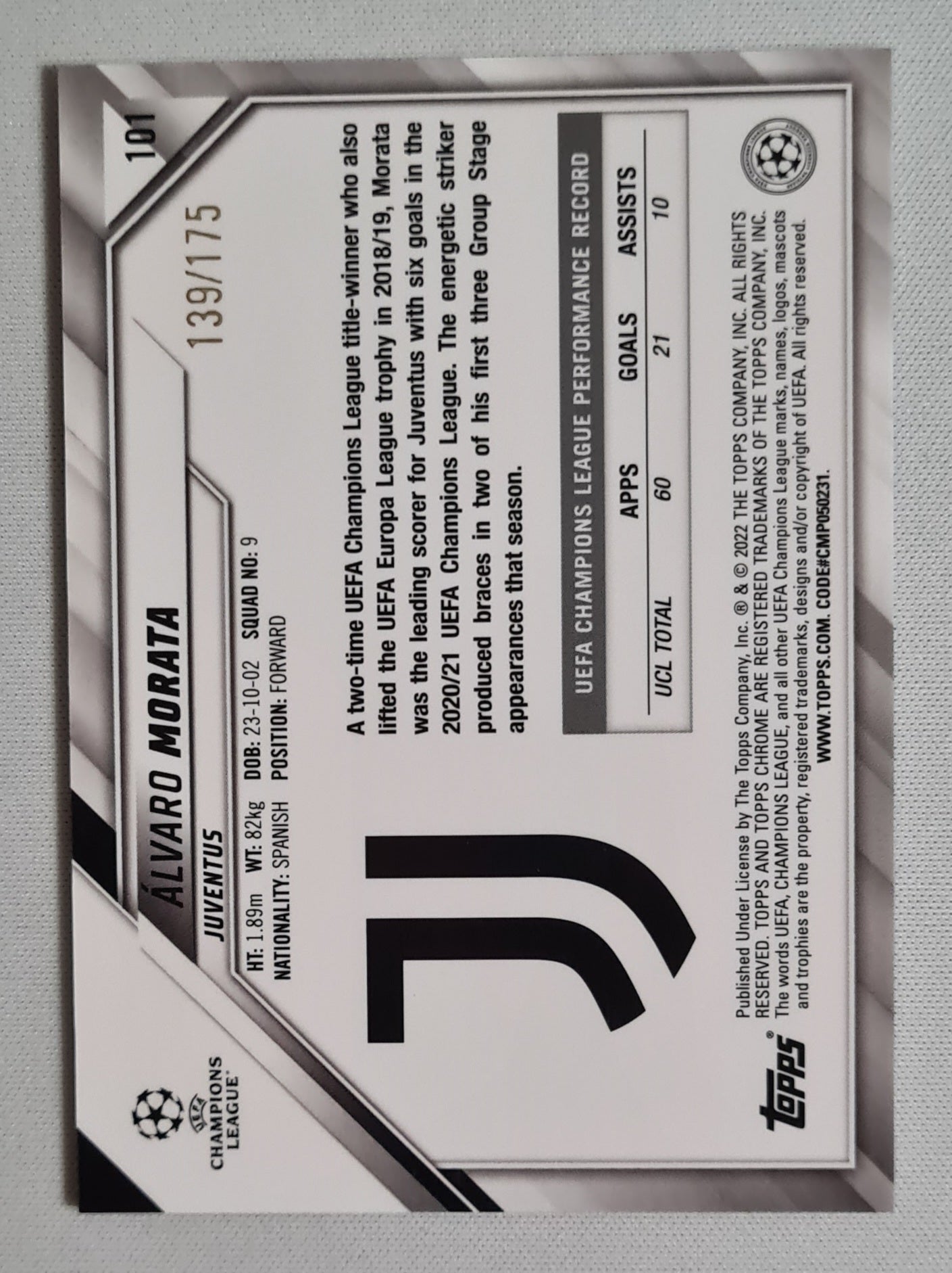 Alvaro Morata - 2022 Topps Chrome Champions League Juventus #101 /175 Pink