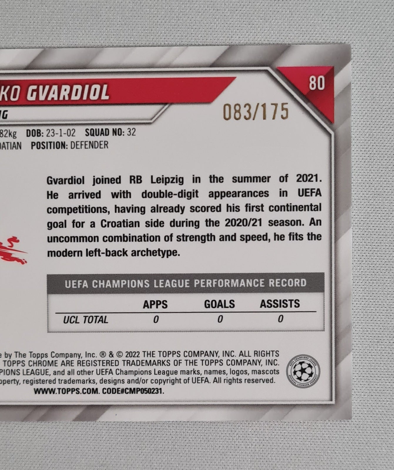 Josko Gvardiol - 2022 Topps Chrome Champions League RB Leipzig #80 /175 Pink