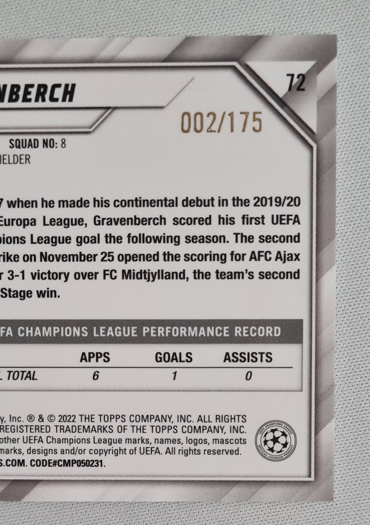 Ryan Gravenberch - 2022 Topps Chrome Champions League AFC Ajax #72 /175 Pink