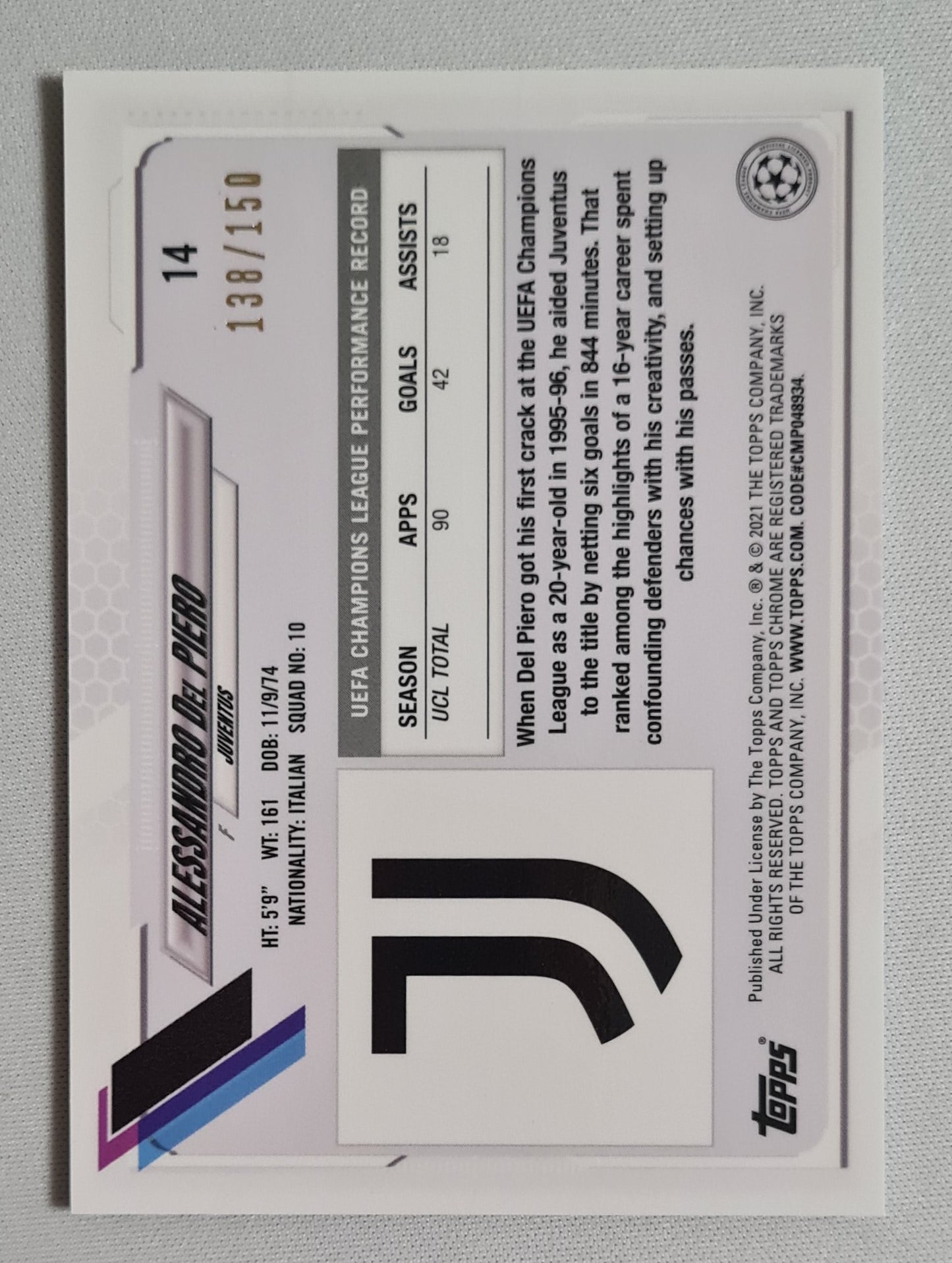 Alessandro del Piero - 2021 Topps Chrome Champions League Juventus #14 /150 Tiel