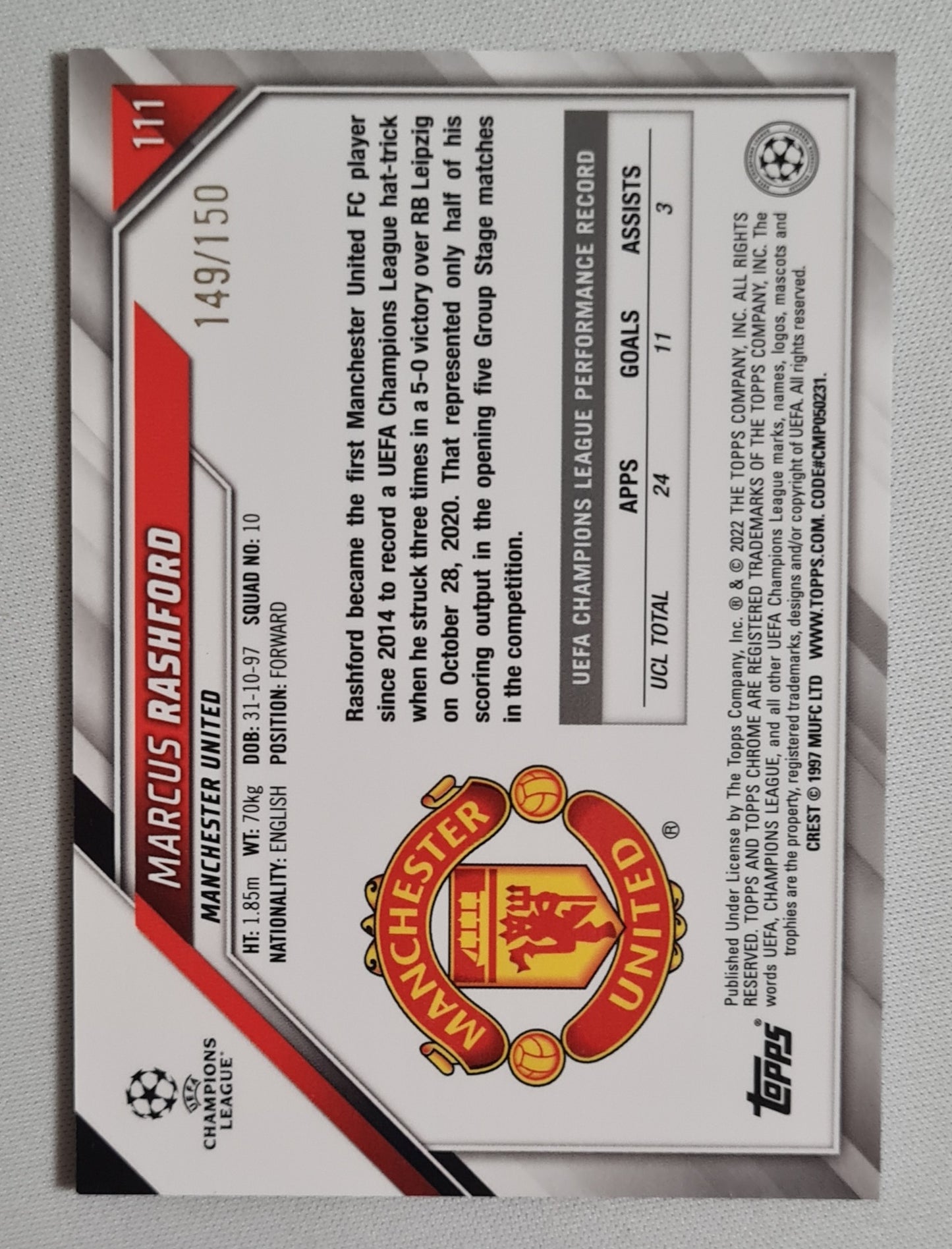 Marcus Rashford - 2022 Topps Chrome Champions League Manchester United #111 /150 Blue