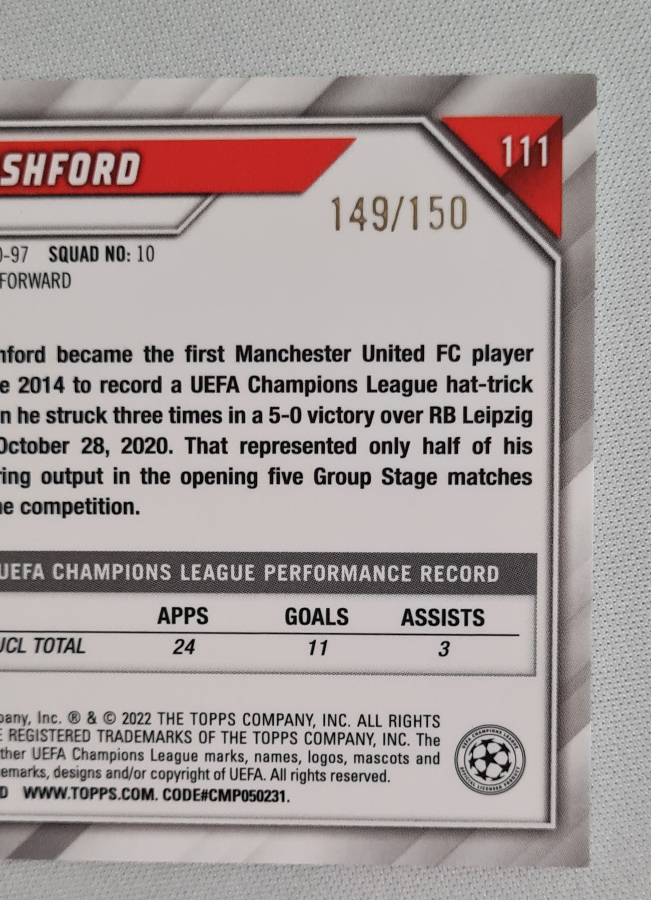 Marcus Rashford - 2022 Topps Chrome Champions League Manchester United #111 /150 Blue