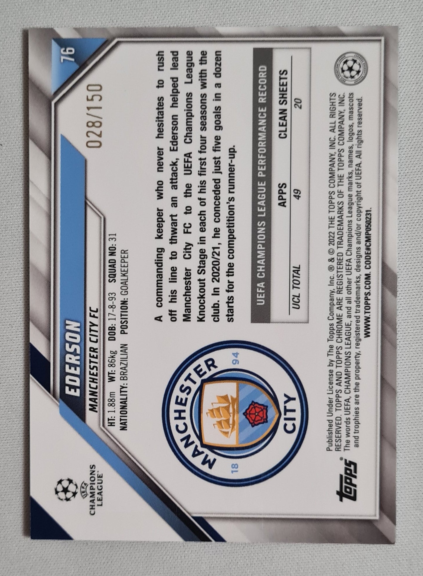 Ederson - 2022 Topps Chrome Champions League Manchester City #76 /150 Blue