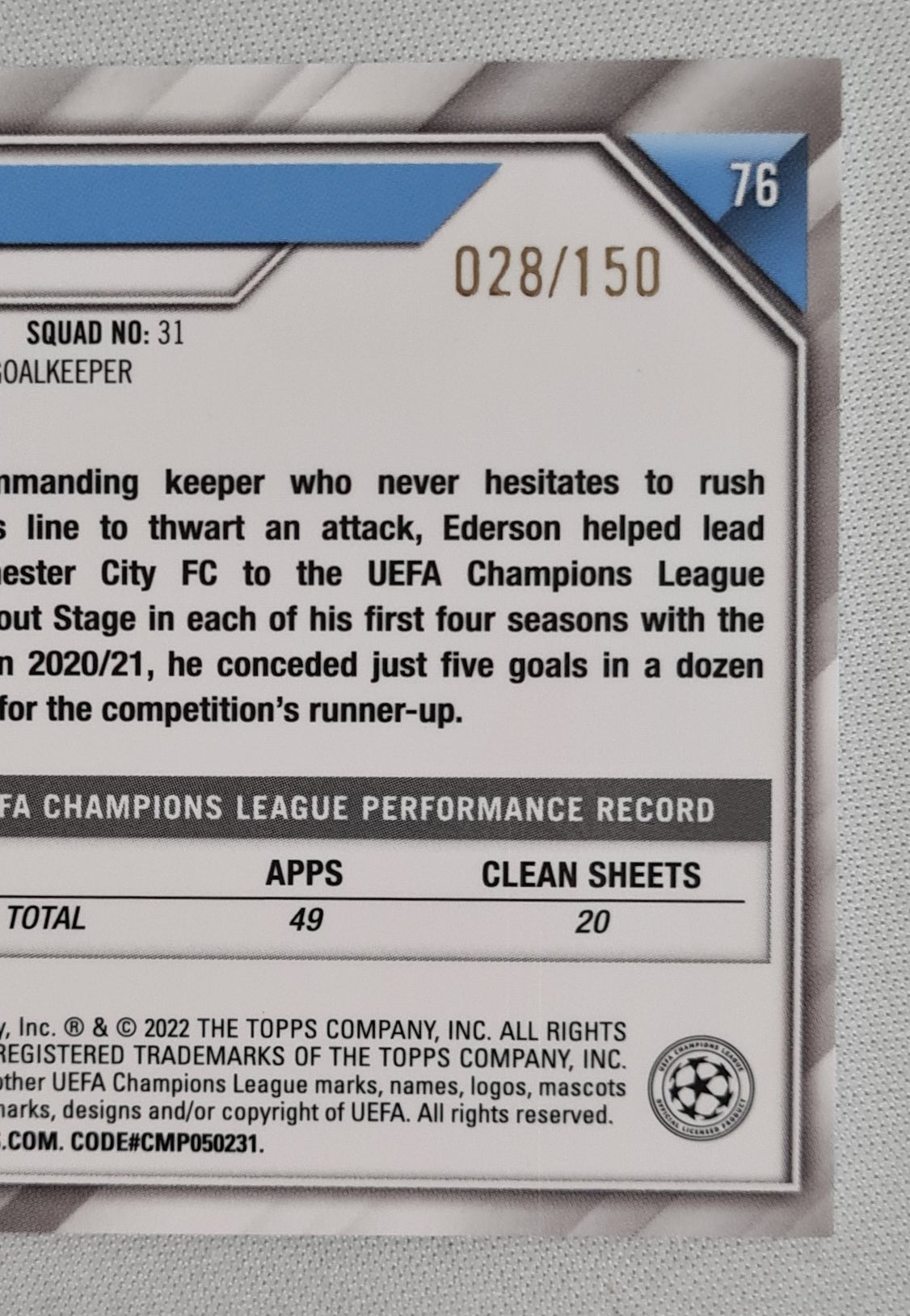 Ederson - 2022 Topps Chrome Champions League Manchester City #76 /150 Blue