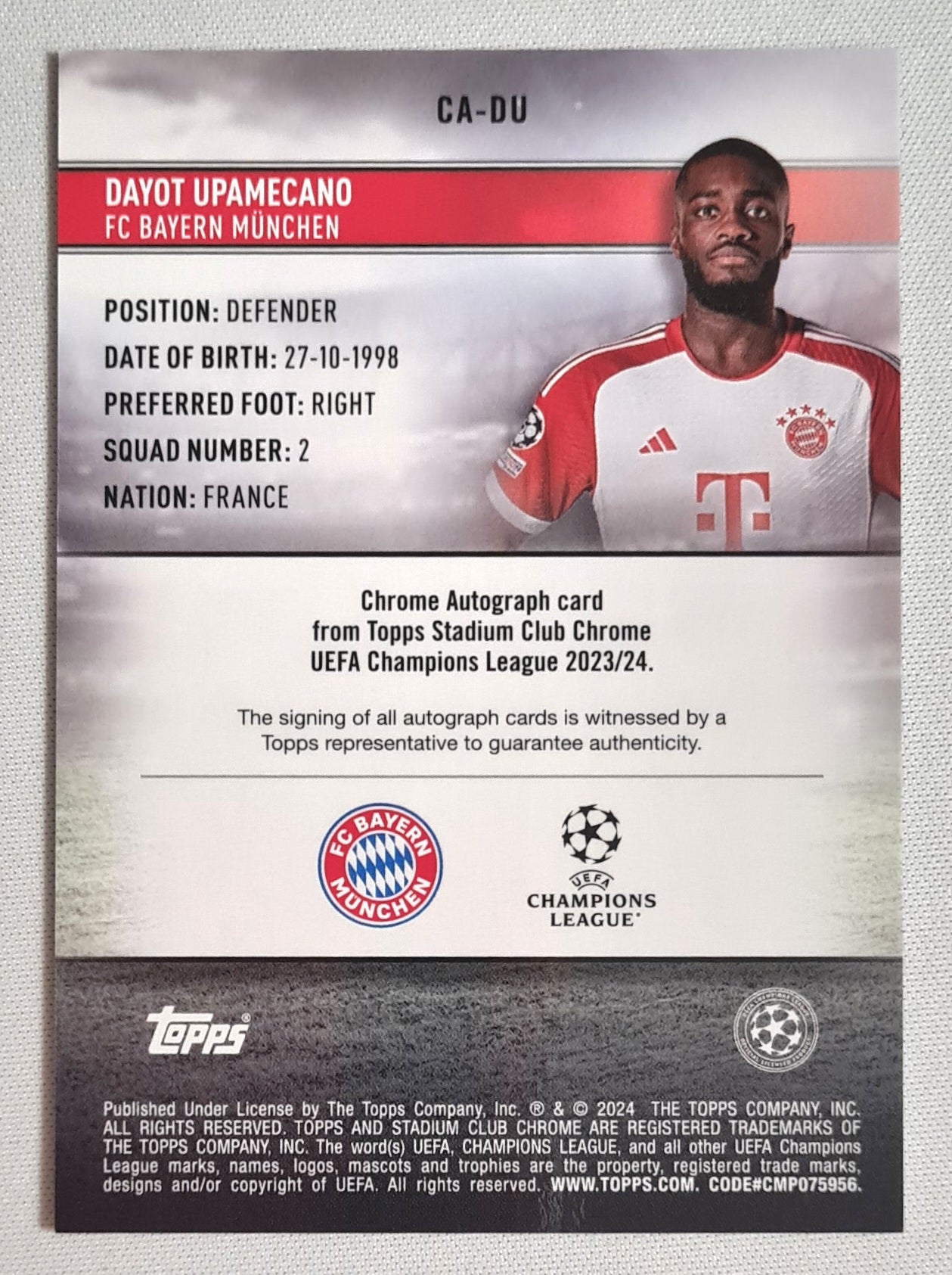 Dayot Upamecano - 2024 Topps Chrome FC Bayern Munchen #CA-DU /Auto