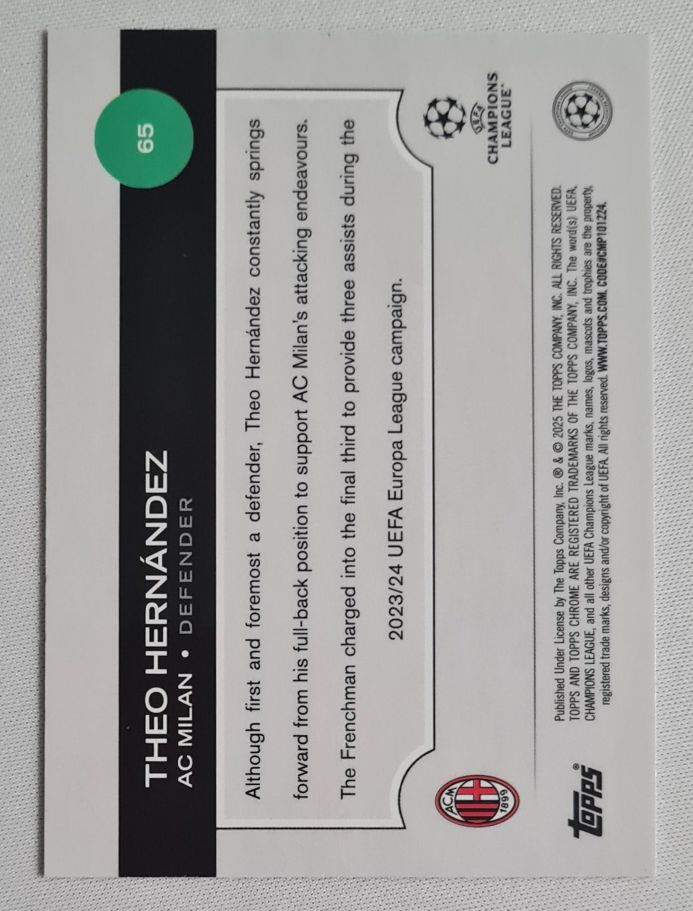 Theo Hernandez - 2025 Topps Chrome CL AC Milan #65